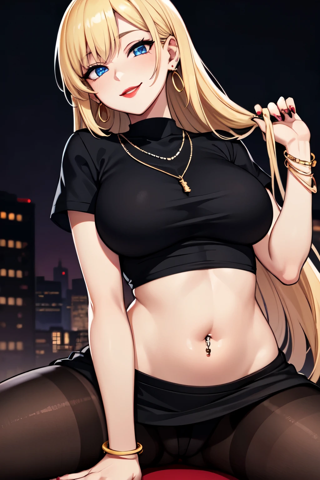 long blonde hair,, bangs, blue eyes, red lipstick, smile, sexy position, piercings, earrings, bracelets, necklace, medium breasts, black shirt, cold look, black_ skirt, background, city sunset , Red _nails,, pantyhose_black, hands on the waist, shirt with belly showing