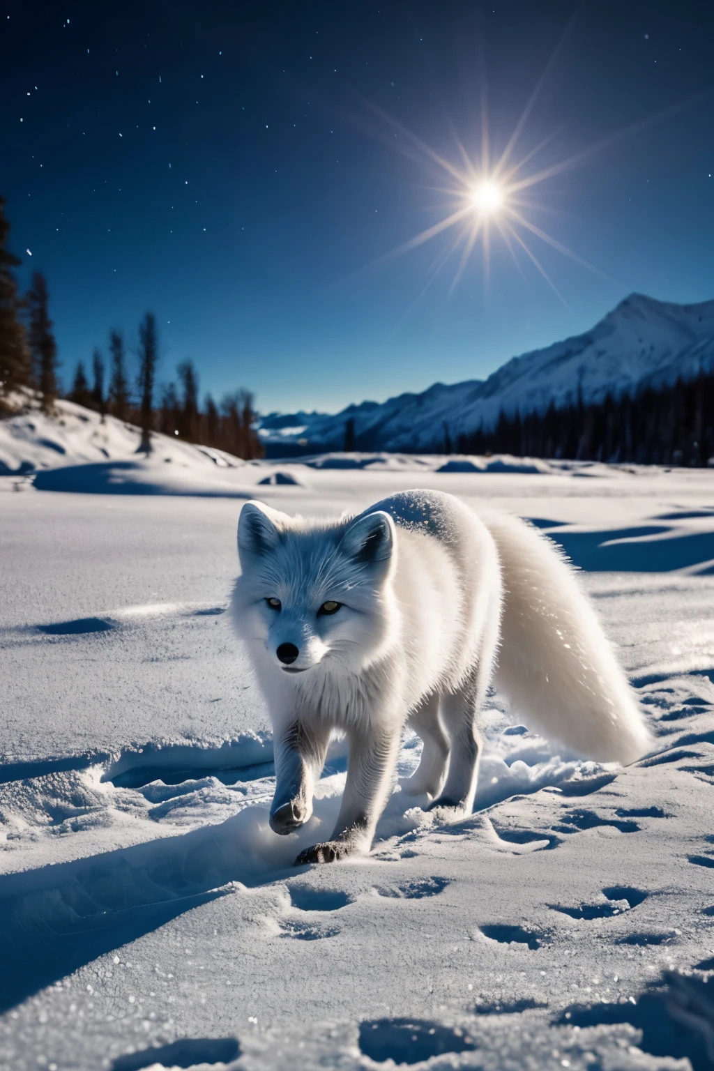 Generate an image of an arctic fox gracefully traversing through a snowy landscape under the shimmering moonlight, with its fur glistening in the cold, capturing the essence of its elusive beauty