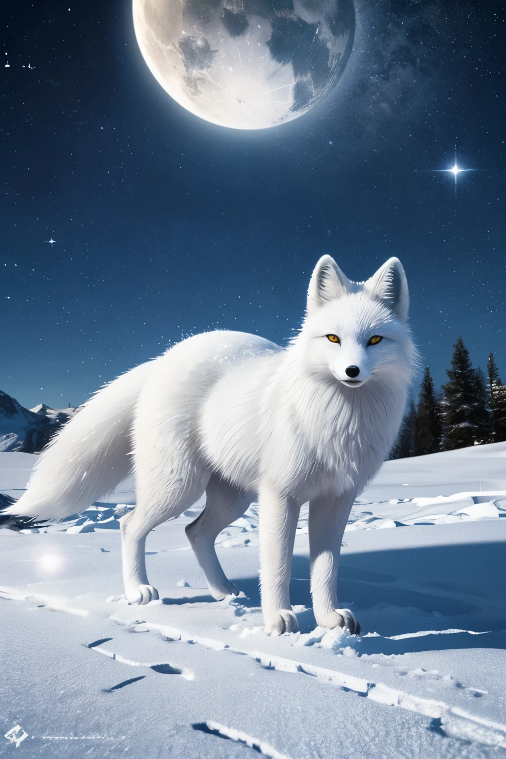 Generate an image of an arctic fox gracefully traversing through a snowy landscape under the shimmering moonlight, with its fur glistening in the cold, capturing the essence of its elusive beauty