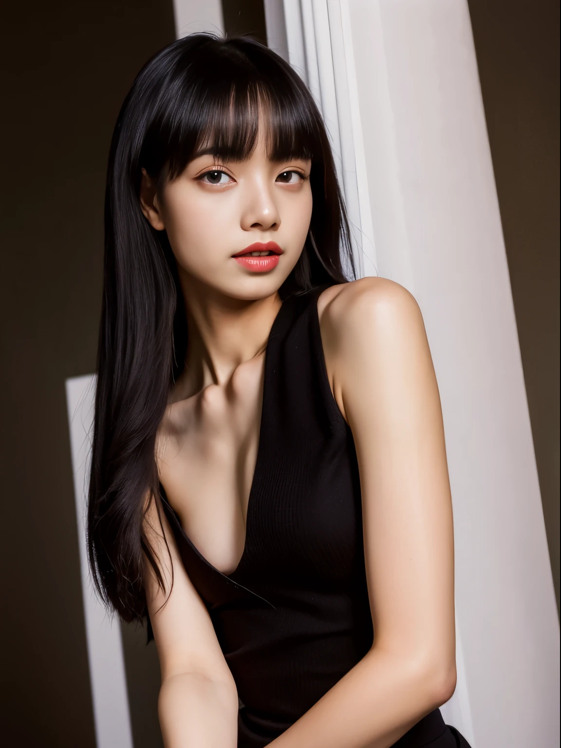Lisa light long hair, Lisa face shape, black vest, Sexy, Naked waist, bare shoulders, black yoga pants, long legs, background gray, masterpiece, superlative, actual, HD, photography lighting, 16k
