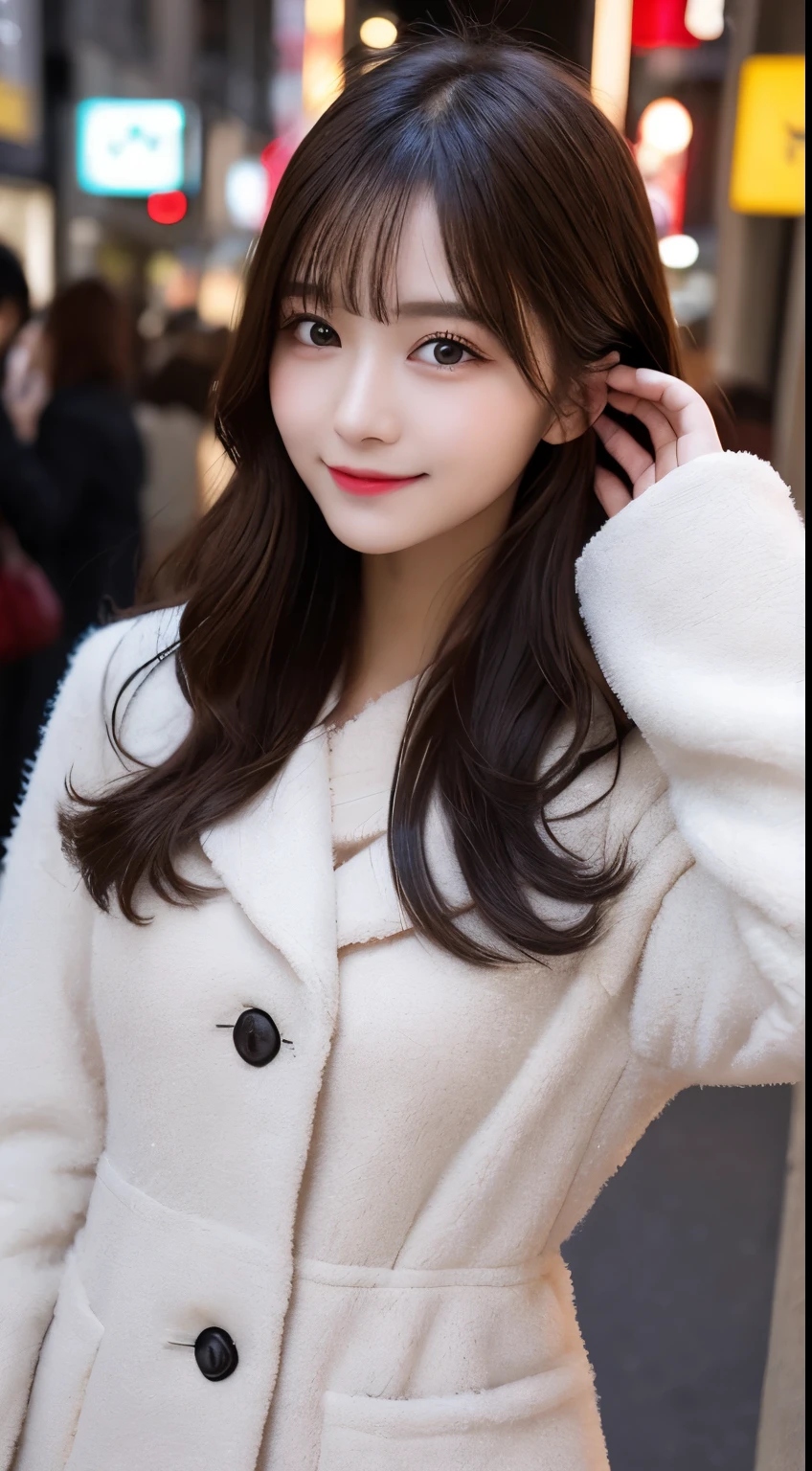 table top, highest quality, shape, Super detailed, finely, High resolution, 8k wallpaper, 完璧なダイナミックな構shape, beautiful and detailed eyes, Gorgeous and stylish black fluffy latest trend Tokyo winter clothes,ランダムなcute髪,small breasts,natural color lip, bold sexy pose,smile、20 year old girl、cute、sexy shot looking at camera,Always blur the background,perfect and beautiful face,Take only the face,beautiful and detailed face、slim face and style,Big eyes、do gal makeup,real photos、luxury brand mink coat、smile