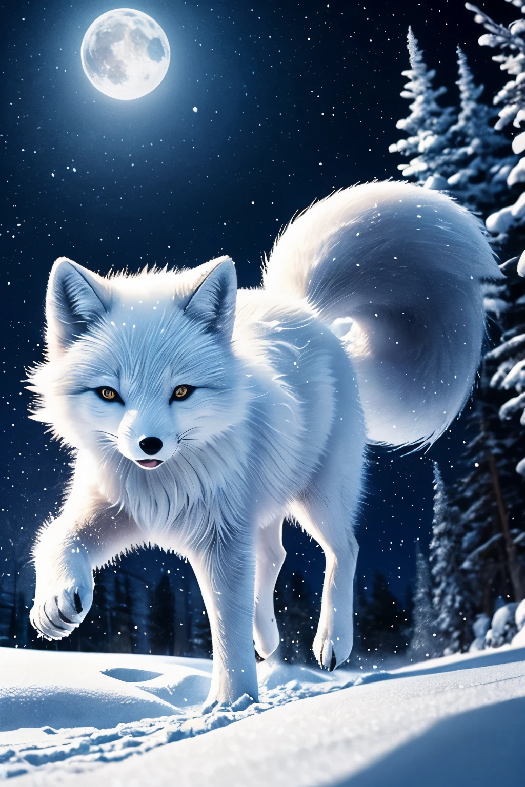 Generate an image of an arctic fox gracefully traversing through a snowy landscape under the shimmering moonlight, with its fur glistening in the cold, capturing the essence of its elusive beauty