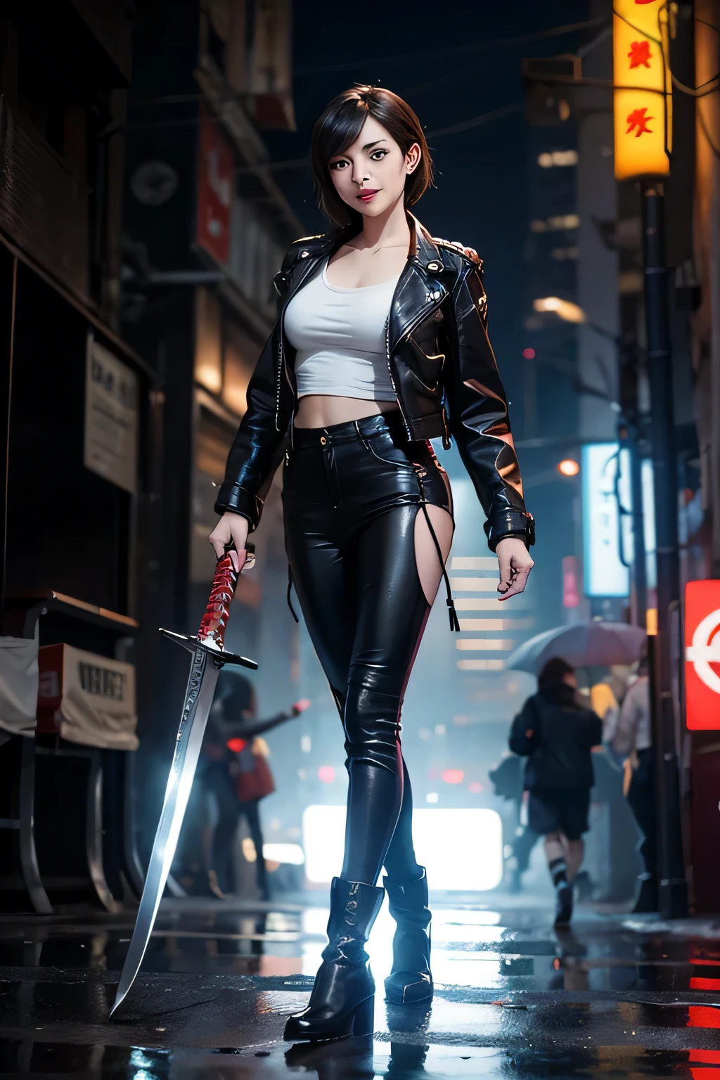 tifa lockhart、leather jacket and leather pants、black leather boots、black hair、short hair。The background is a cyberpunk night city、drizzle、blade runner、ghost in the shell、holding a Japanese sword、smile