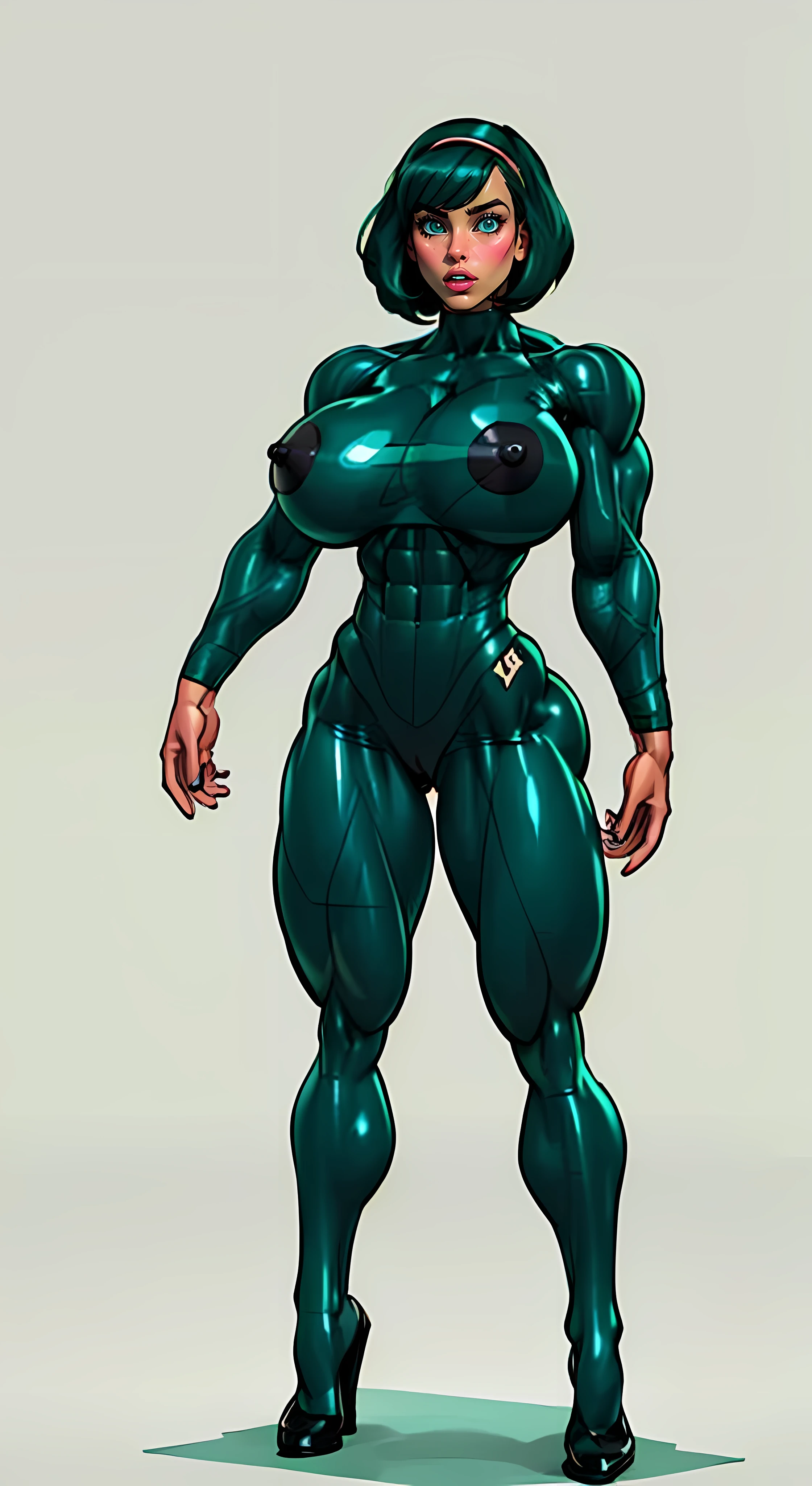 (((((Massive Female Bodybuilder))))), , , 
(((((Muscular Quadriceps))))), , , 
((((Huge )))), , , 
1girl, (nsfw), ((masterpiece)),(((best quality))), ((full body view)) illustration,1girl, ((mintgreen office suit:1.4)), butterc(mintgreen hairband),((black hair:1.4)), greensuiys ((detailed face:1.4)) , beautiful woman, slick bobcut, shiny skin, ((thick legs)), scribbles and marks,  pose, 8k,16k, (simple background, white background: 1.3)
