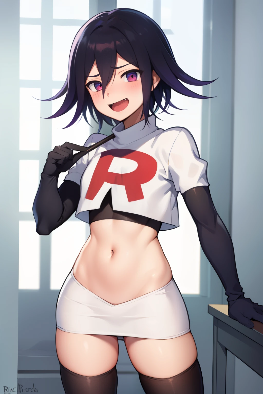 absurdres, cowboy shot, solo, male focus, trap, 1boy, crossdressing,1boy, oma kokichi, team rocket,team rocket uniform,white skirt,red letter R,crop top,black thigh-highs,black elbow gloves, evil laugh, blush