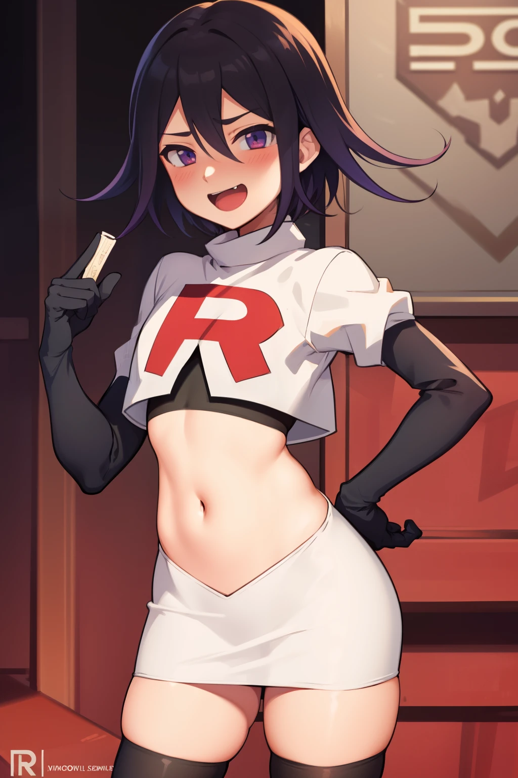 absurdres, cowboy shot, solo, male focus, trap, 1boy, crossdressing,1boy, oma kokichi, team rocket,team rocket uniform,white skirt,red letter R,crop top,black thigh-highs,black elbow gloves, evil laugh, blush