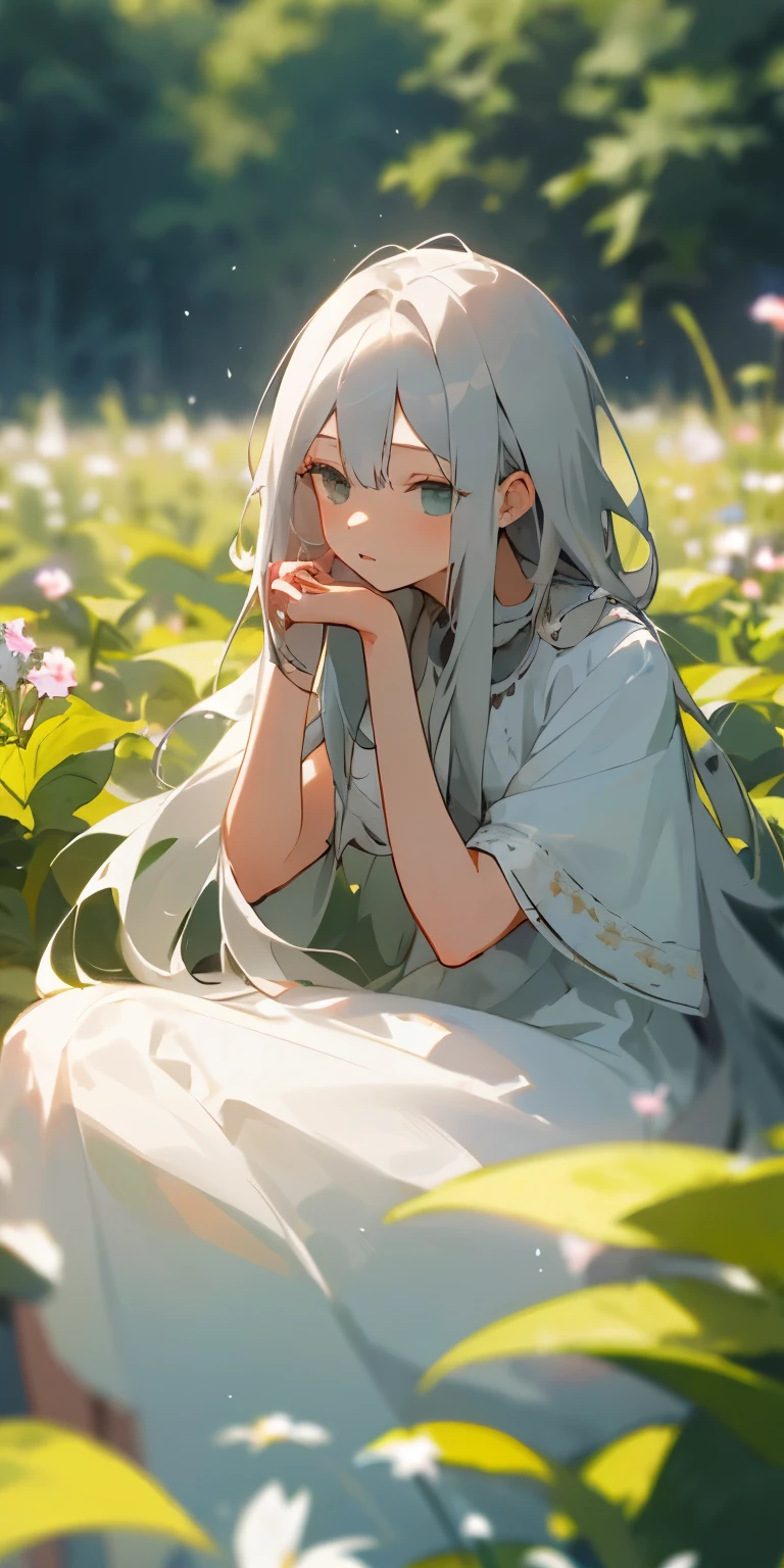 (masterpiece, highest quality),One girl with long gray hair sitting in a field of green plants and flowers, her hand is under her chin, warm lighting, white dress, blurred foreground