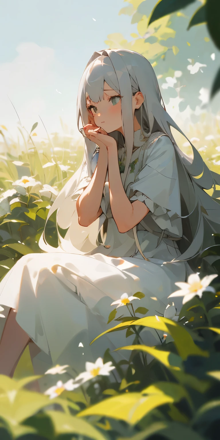 (masterpiece, highest quality),One girl with long gray hair sitting in a field of green plants and flowers, her hand is under her chin, warm lighting, white dress, blurred foreground