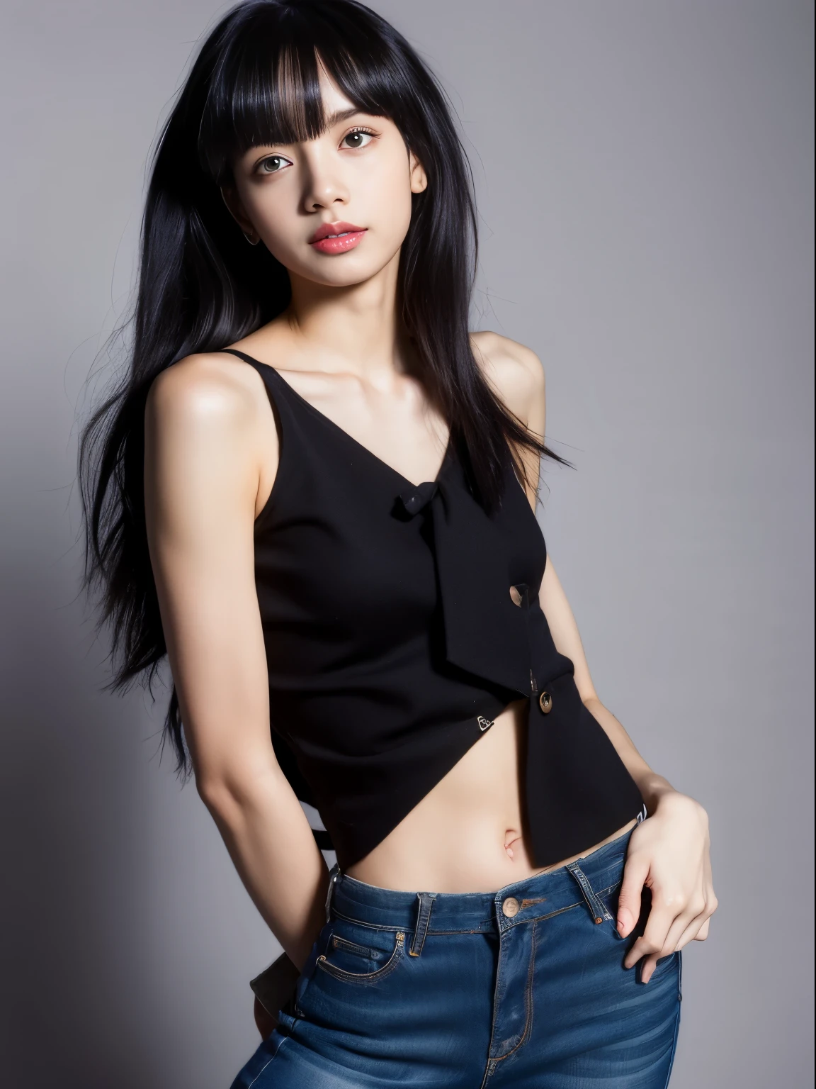 Lisa light long hair, Lisa face shape, black vest, Sexy, Naked waist, bare shoulders, black yoga pants, long legs, background gray, masterpiece, superlative, actual, HD, photography lighting, 16k