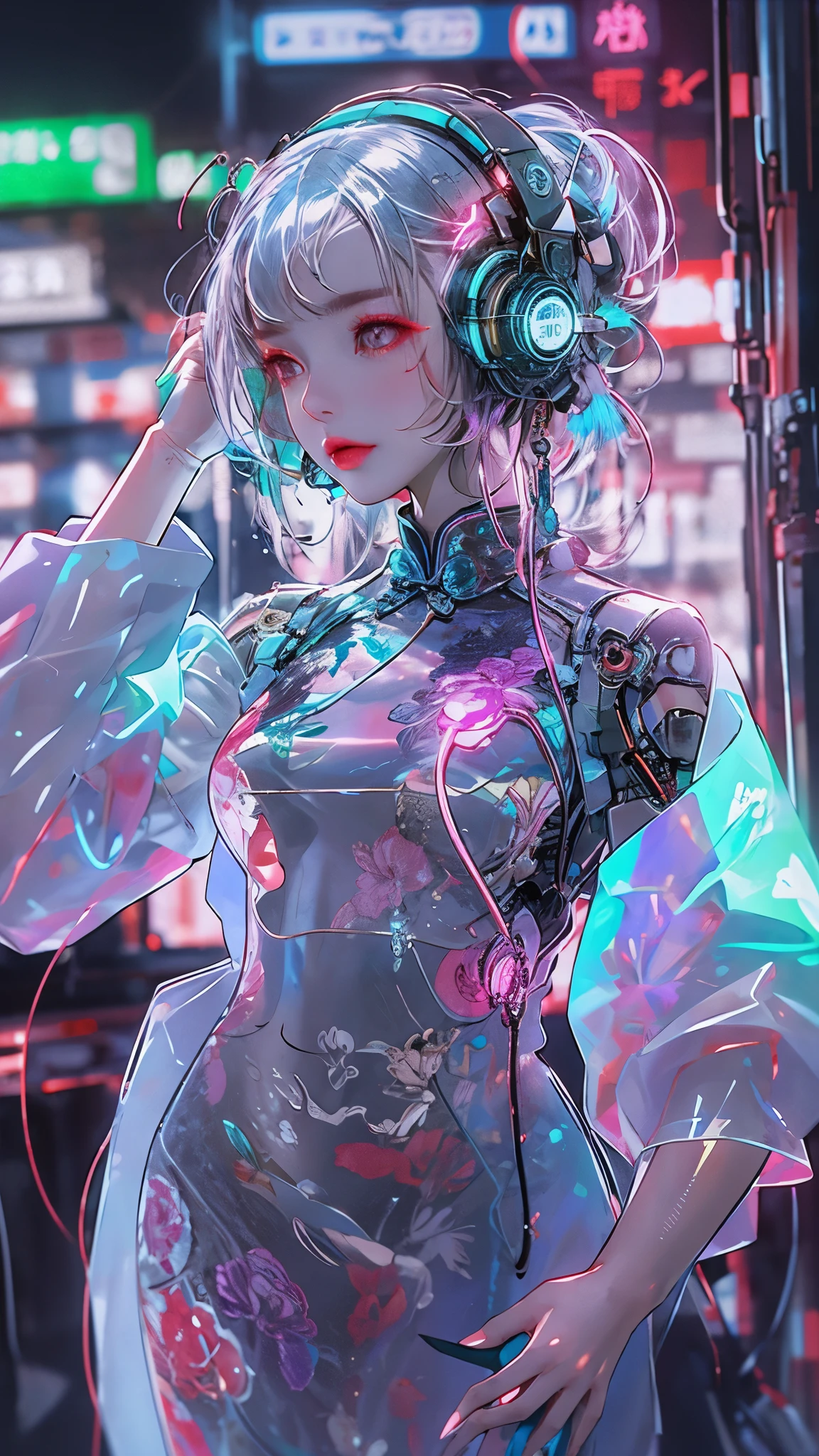 1 girl, Chinese_clothing, liquid silver and pink, cyberhan, cheongsam, cyberpunk, dynamic poses, Luminous headphones, Luminous hair accessories, long hair, Luminous earrings, glow necklace, cyberpunk, full of mechanical and futuristic elements, futuristic, science and technology, glowing neon lights, pink, blue light, Transparent tulle, Transparent streamers, laser, 