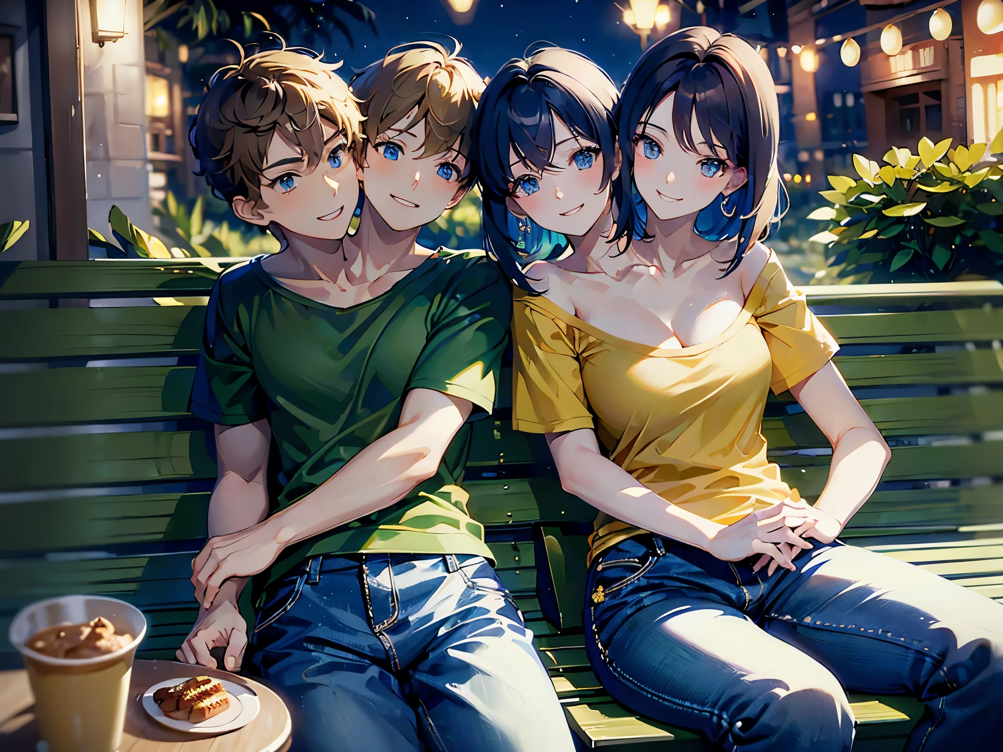 (masterpiece, best quality), best resolution, (young man with (2heads, brown hair, blue eyes, green t-shirt, brown short pants)) and (young woman with (2heads, short blue hair, brown eyes, yellow t-shirt, blue jean pants)), two people sitting next to each other on a park bench at night, casual clothes, couple pose, smiling, happy, love, park at night, stars in the night sky, focus on the sky