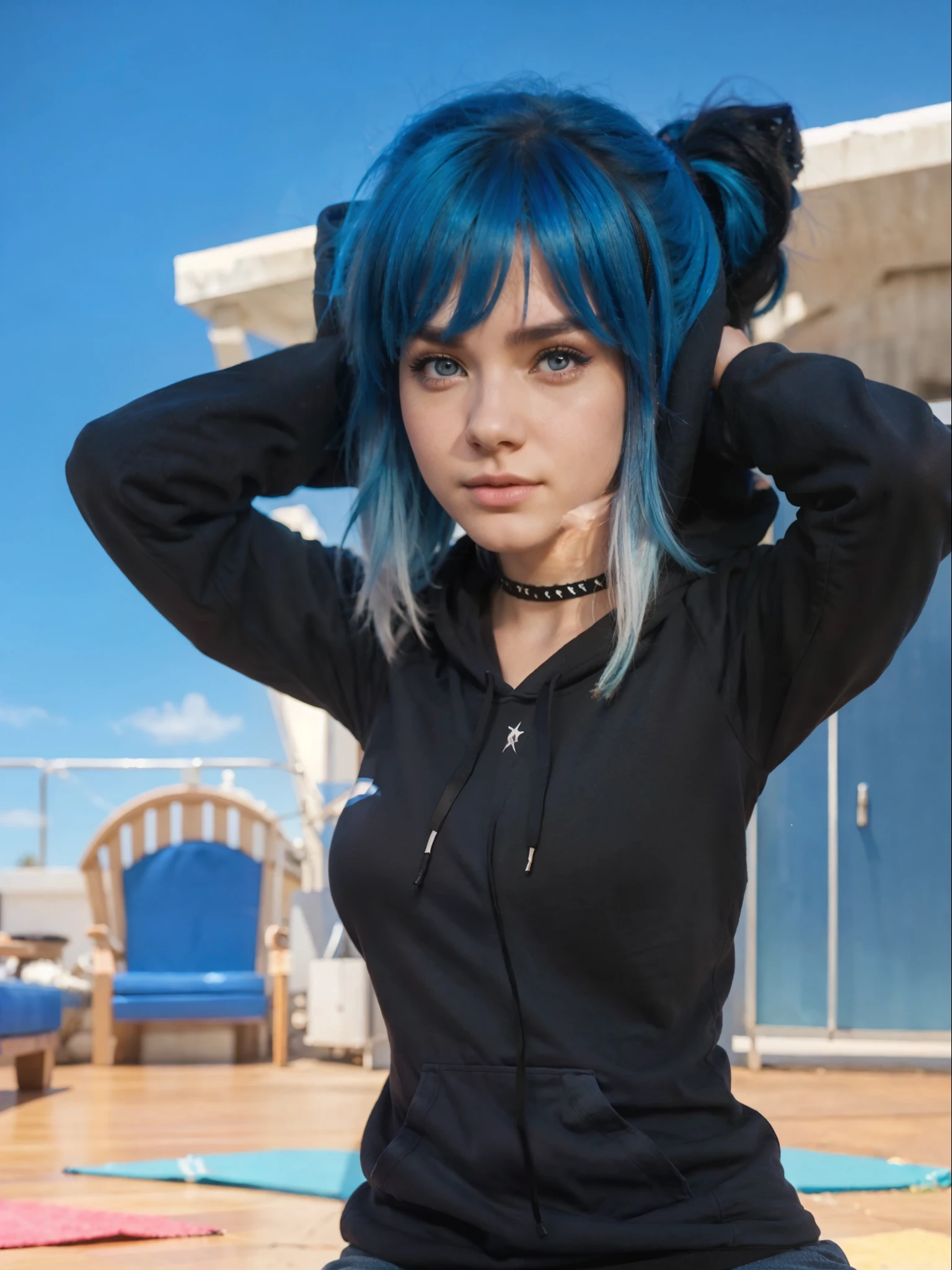 Real life adaption of this character, American teen beauty, realistic same blue hair,realistic same outfit black Hoodie,wear eyeshadow,realistic same background, realistic light, realistic shadow, realism, hyper realistic, (photorealistic:1.2), realistic small eyes