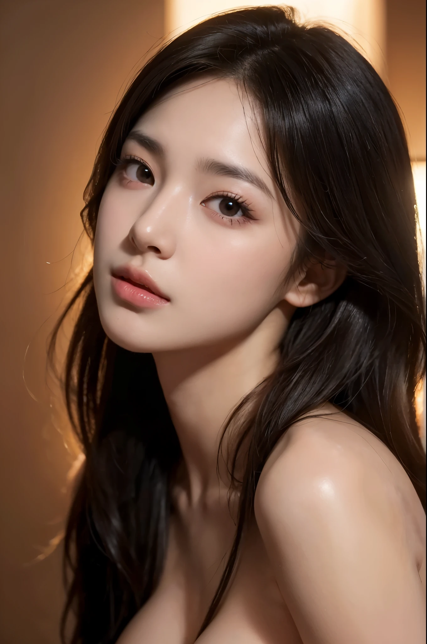 ultra high resolution, masterpiece, highest quality, perfect shinny skin, perfect lighting, detailed lighting, dramatic shadow, ray tracing, 1 girl, ((full naked:1.35)), looking at the viewer, half open mouth, big breasts, exposed cleavage, brown eyes, sharp face, clear eyes, long bangs, long wavy hair, ((NSFW)), ((dark background)), Upper body,
