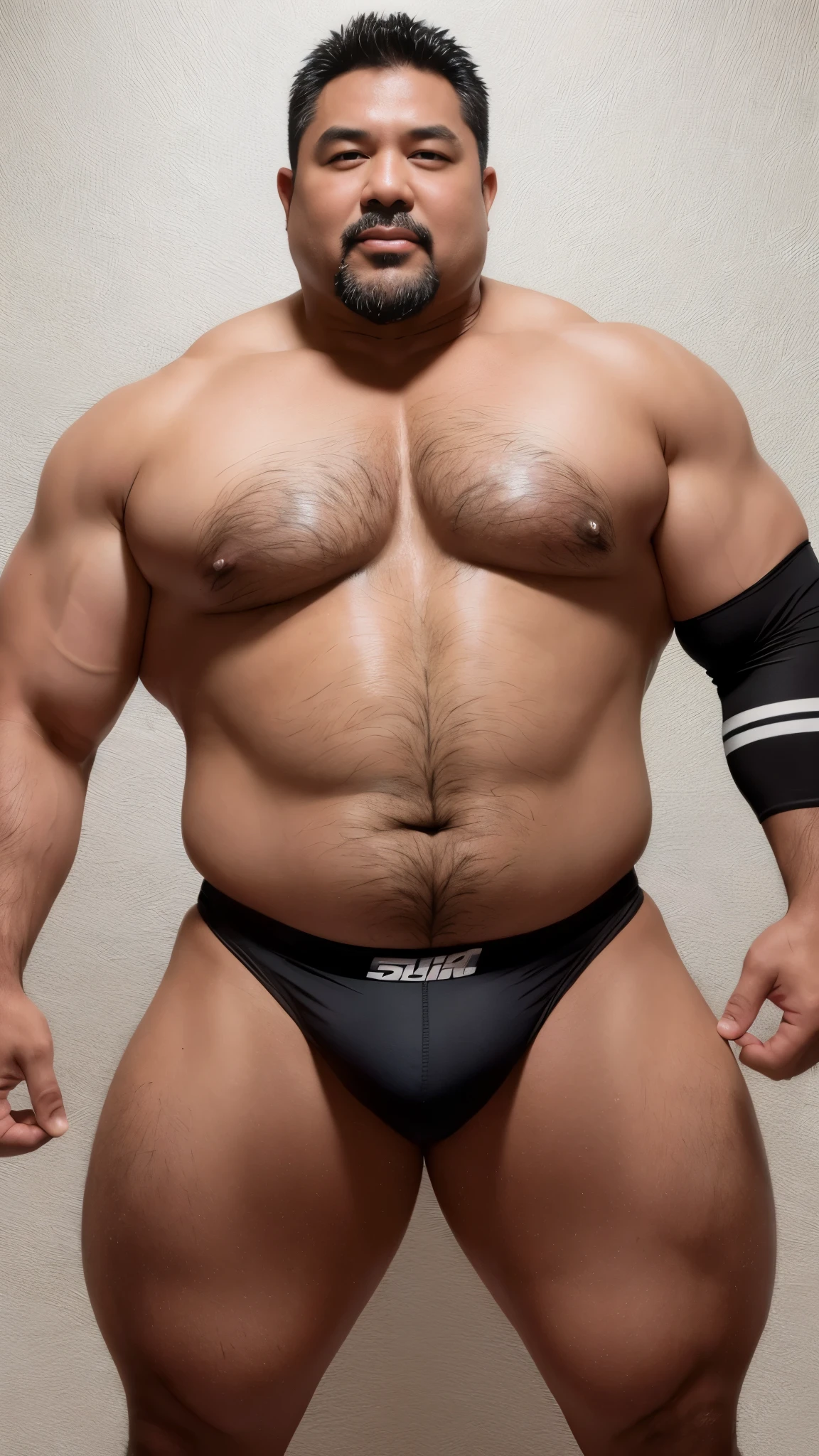 black hair, middle-aged man, individual, male, Muscular wrestler, muscular, Stout wrestler, Asian, Japanese, uncle, 55 year old middle-aged man, short hair, short hair, white wrestling boots, full body portrait, shadow, Vision, white briefs, obesity, 45 years old, short beard, middle-aged man, tattoo, fingerless gloves, Wheat skin, shiny skin, dark skin, Show your pectoral muscles, sumo wrestler, bodybuilder, wide temples, Visible abdominal muscles, Smile, Fine hands, solid color background, pure white background, kneepad, black knee pads, Surrealism, Panorama, 8k, super detail,black kneepad,(kneepad :4)