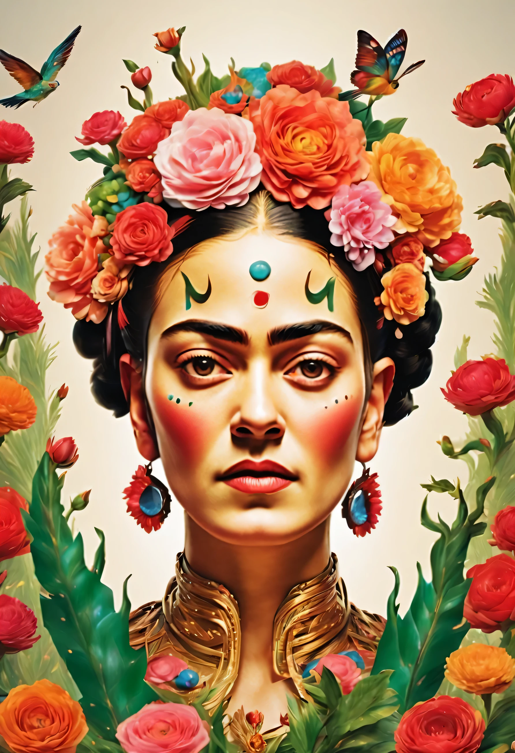 (Ultra calidad，Obra maestra：1.2，Detalles detallados）,(Frida Kahlo:1.5)，flores hermosas en la cabeza, decoracion al estilo frida Kahlo, magestuoso y detallado, iluminacion perfecta 32k