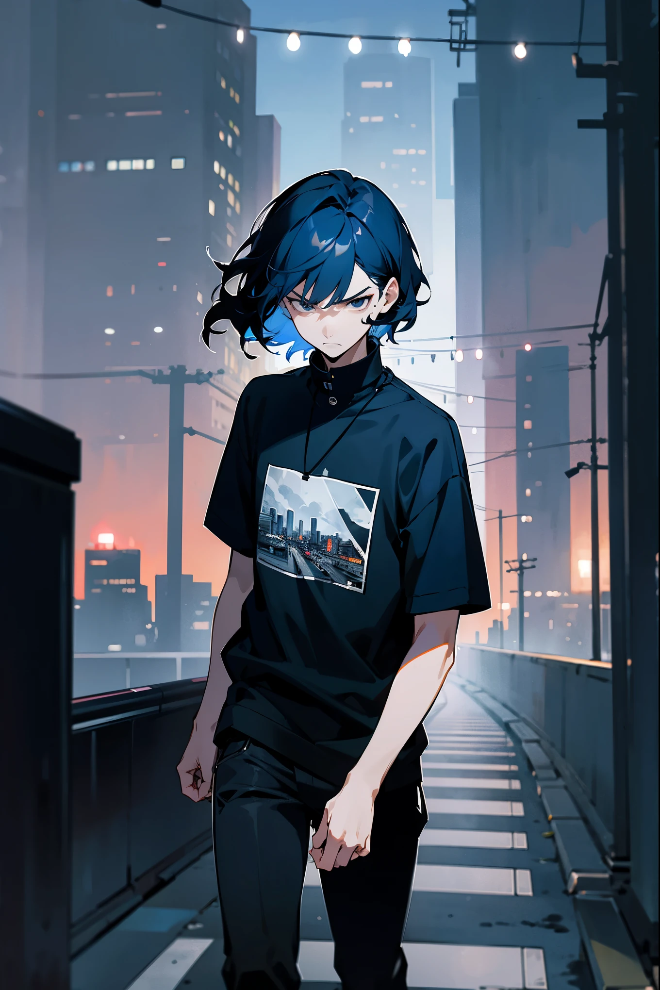 1male, midnight blue hair, black eyes, short wavy hair, graphic shirt, dark modern clothing, (city background), annoyed expression, walking on path