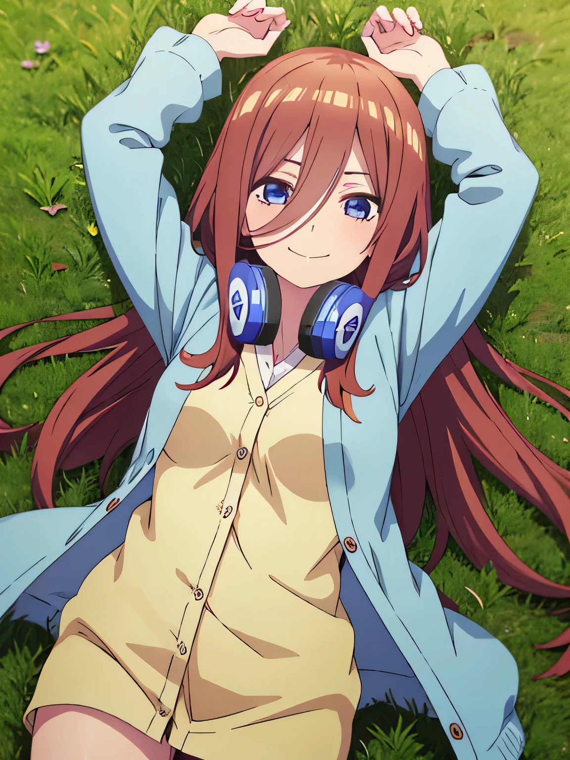 solo, 1girl, looking at viewer, 2D, anime, anime coloring, high quality solo, cowboy shot, lying, on back, on grass, spread arms, shy smile, arms up, closed mouth, miku nakano, cardigan, headphones around neck, looking at viewer, smile