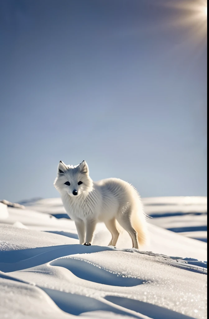 Generate an image of an arctic fox gracefully traversing through a snowy landscape under the shimmering moonlight, with its fur glistening in the cold, capturing the essence of its elusive beauty