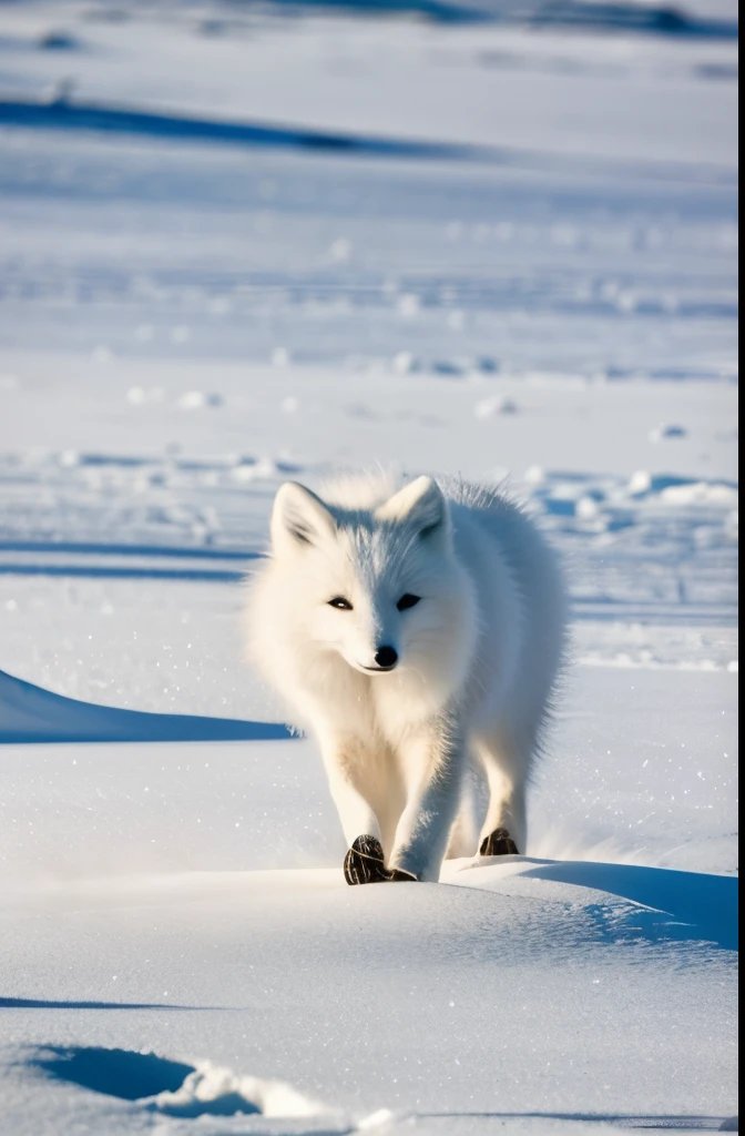 Generate an image of an arctic fox gracefully traversing through a snowy landscape under the shimmering moonlight, with its fur glistening in the cold, capturing the essence of its elusive beauty