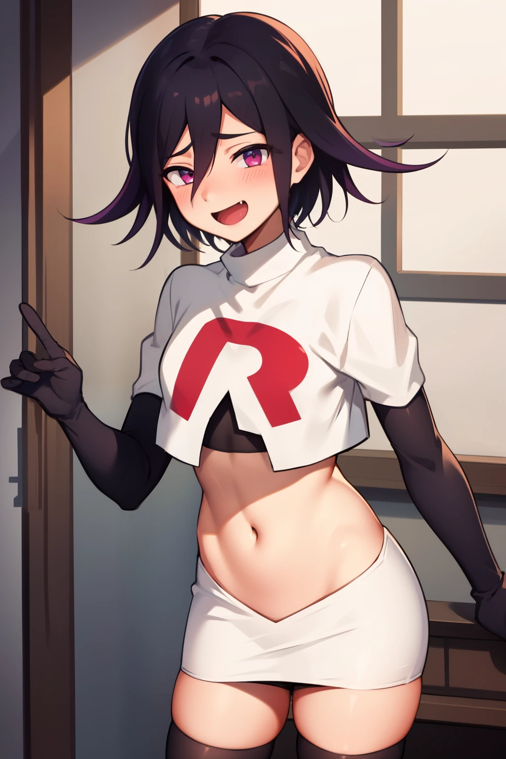 absurdres, cowboy shot, solo, male focus, trap, 1boy, crossdressing,1boy, oma kokichi, team rocket,team rocket uniform,white skirt,red letter R,crop top,black thigh-highs,black elbow gloves, evil laugh, blush