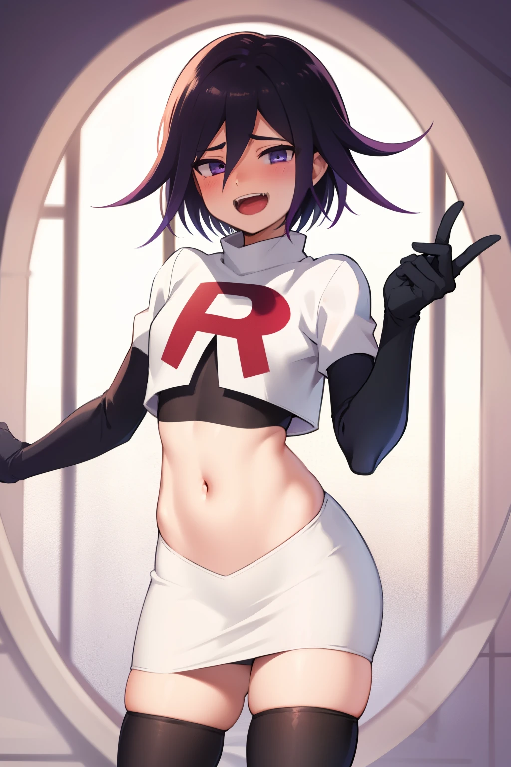 absurdres, cowboy shot, solo, male focus, trap, 1boy, crossdressing,1boy, oma kokichi, team rocket,team rocket uniform,white skirt,red letter R,crop top,black thigh-highs,black elbow gloves, evil laugh, blush