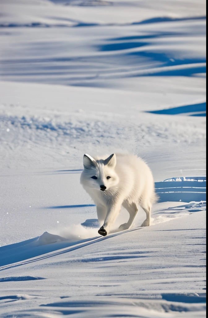 Generate an image of an arctic fox gracefully traversing through a snowy landscape under the shimmering moonlight, with its fur glistening in the cold, capturing the essence of its elusive beauty