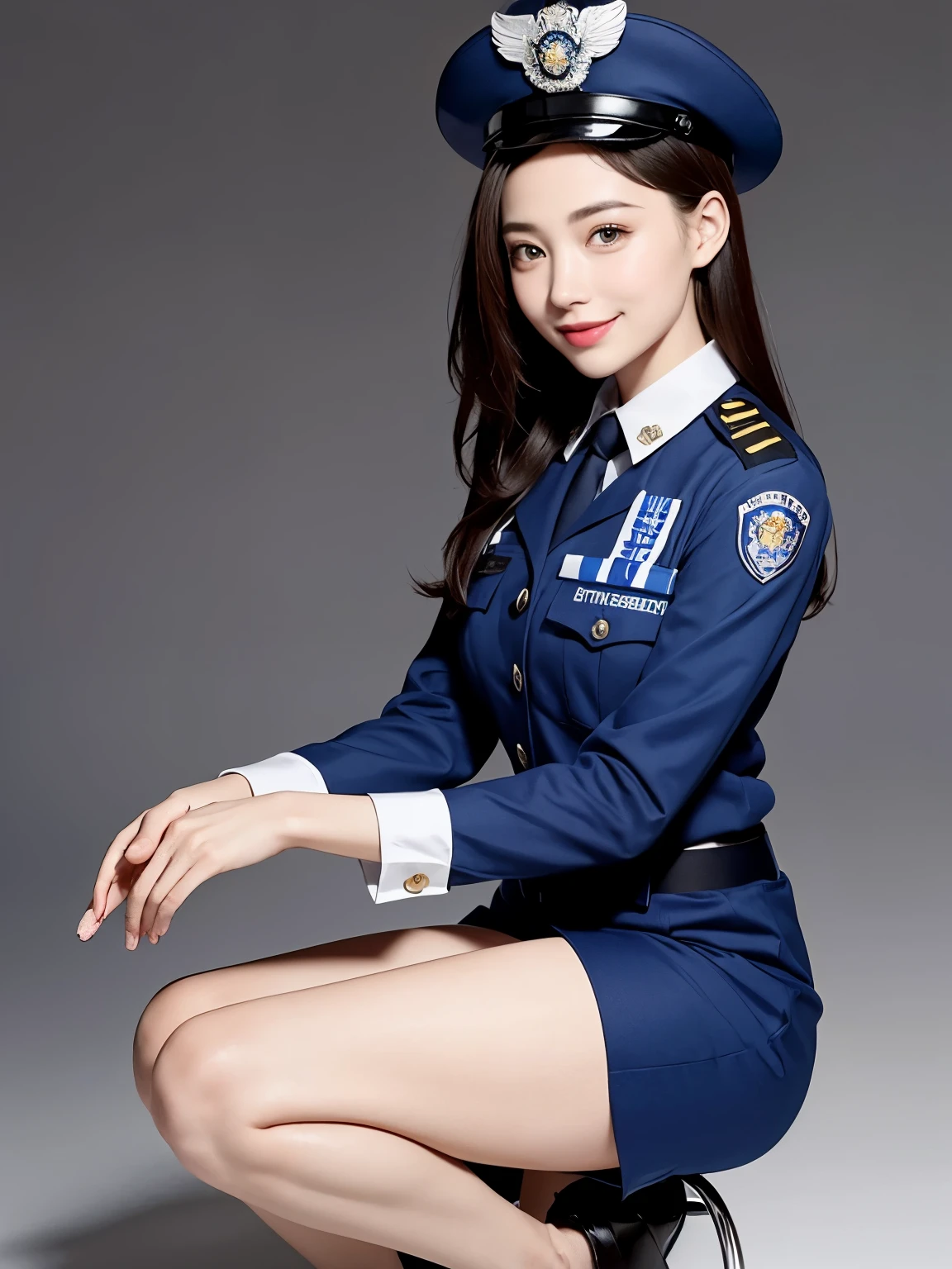 ((highest quality)), ((masterpiece)), (detailed uniform), perfect face、(detailed five fingered hand)、(((policewoman))、full body shot、Smiling Beauty、long legs、slender body