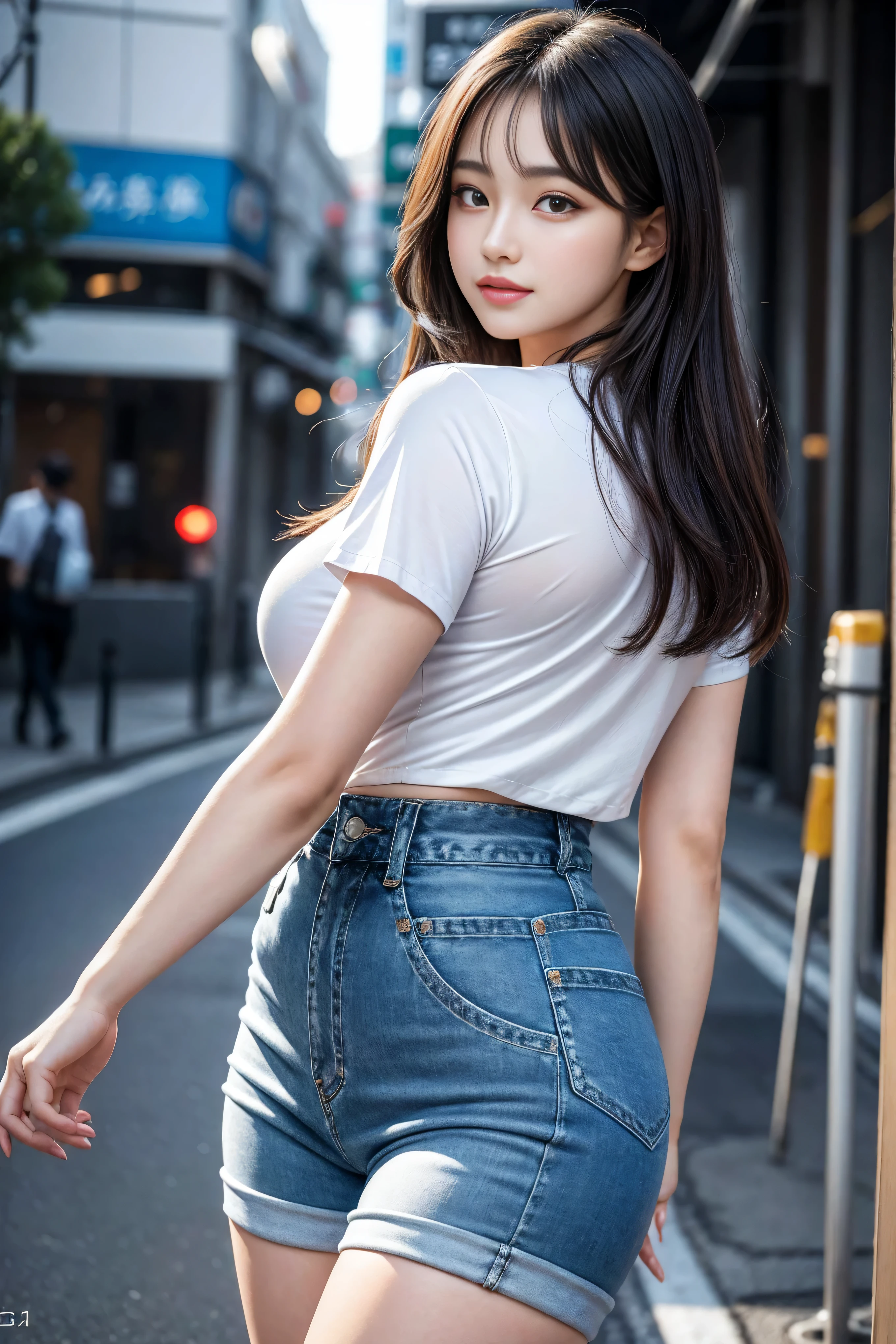 facing back, Super close-up of buttocks, tshirts, Denim Mini Skirt, Smiling smile, (NSFW), 1womanl, 独奏, 24 year old, 7headed body, (Ideal ratio body proportions), (Composition from head to thigh), erectile nipple, Sexy body, Wet, short-hair, A dark-haired, small tits, A slender, Small buttocks, beauty legs, Skinny Legs, surrealism, Cinematic lighting, depth of fields, One-person viewpoint, F/1.8, 135 mm, nffsw, masutepiece, ccurate, ((Anatomically correct)), Textured skin, Super Detail, high details, High quality, awardwinning, Best Quality, hight resolution, 8K