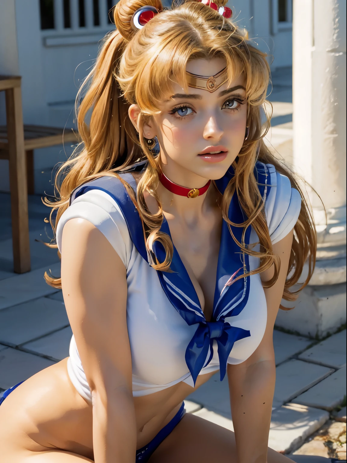 ((Sailor moon)), Mejor calidad, Alta calidad, High Definition, textura de alta calidad, sombra de alta calidad, alto detalle, Hermoso detallado, Finamente detallado, extremadamente detalles CG, textura detallada, realistic face representation, realista, vistoso, delicado, cinematic light, luces laterales, destello de lente, trazado de rayos, sharp focus, (detalles intrincados, constituir, pureerosface_v1:0.5), (detallada hermosa cara delicada, detallados hermosos ojos delicados, un rostro perfectamente proporcionado, piel muy detallada, Piel detallada, best ratio four fingers and one thumb, tiro en la parte superior del cuerpo,  (pechos grandes), (escote),  ((Textura suave, realista texture, fotorrealista)),  (hermosos ojos detallados, Beautiful eyelashes, Ojos verdes), (((Ojos verdes))), (pelo semilargo dorado), (cabello dorado), 1 mujer,  en la piscina,  (((camisa de marinero, sin mangas, frente abierto))), (foto de cuerpo completo),  (hermoso rostro, Cara linda, cara detallada),   soleado, ojos perfectos ojos