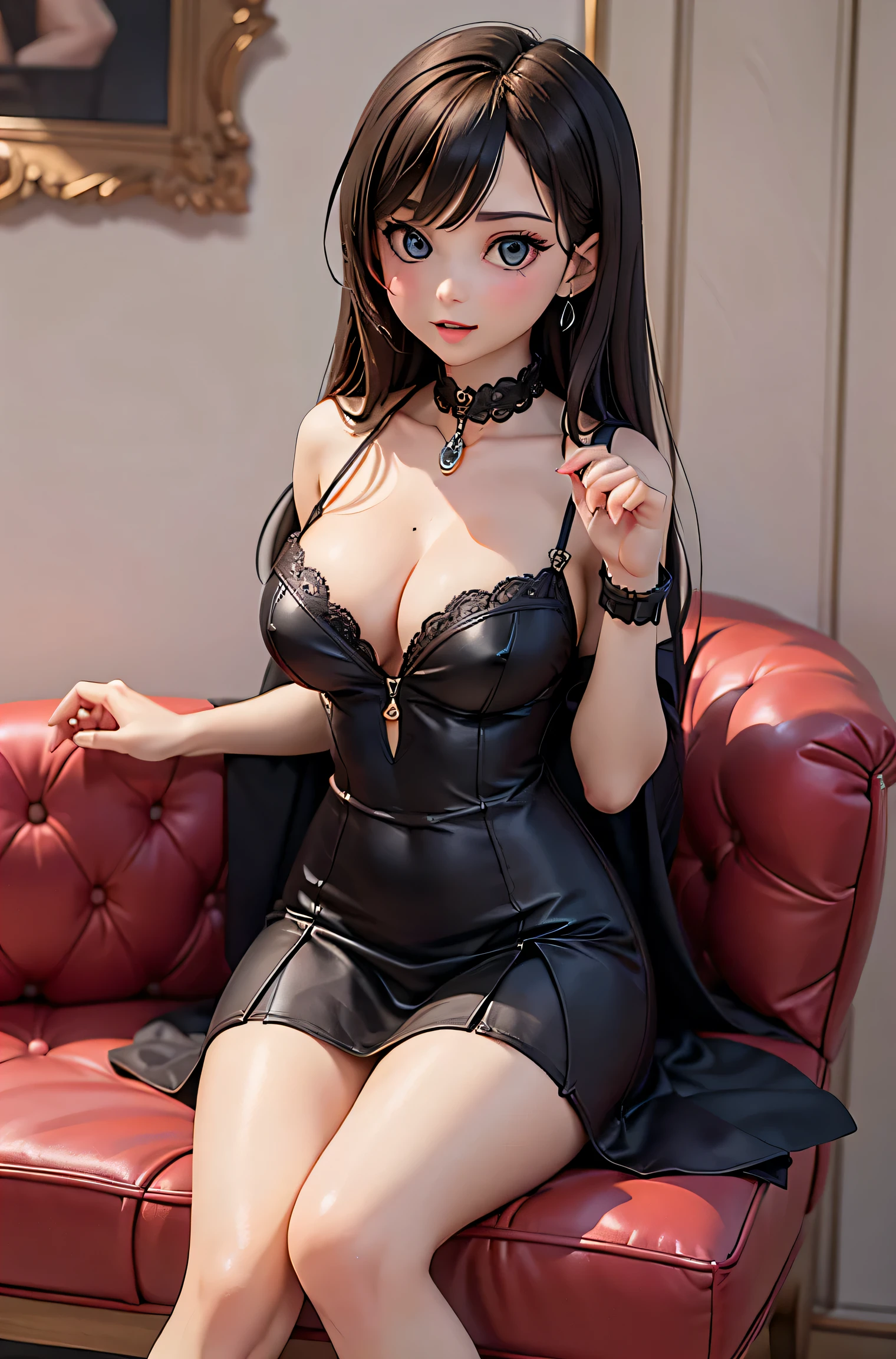 A glamorous pin-up model reclining on a luxurious chaise lounge, surrounded by opulent vintage decor, her pose and expression inviting and confident, with rich, pastel colors and a complex, detailed background.