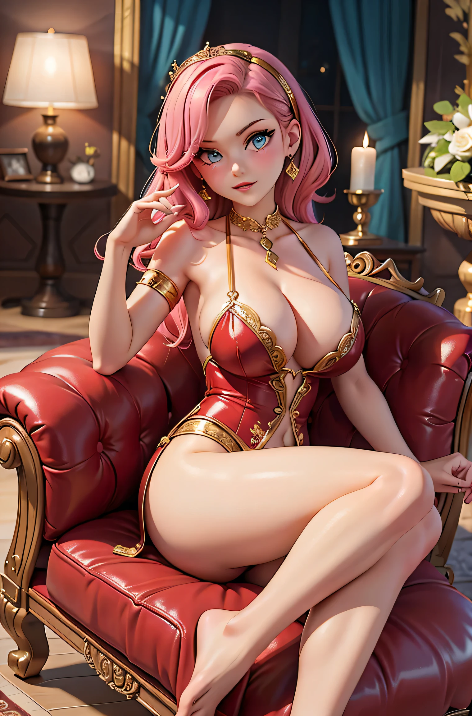 A glamorous pin-up model reclining on a luxurious chaise lounge, surrounded by opulent vintage decor, her pose and expression inviting and confident, with rich, pastel colors and a complex, detailed background.