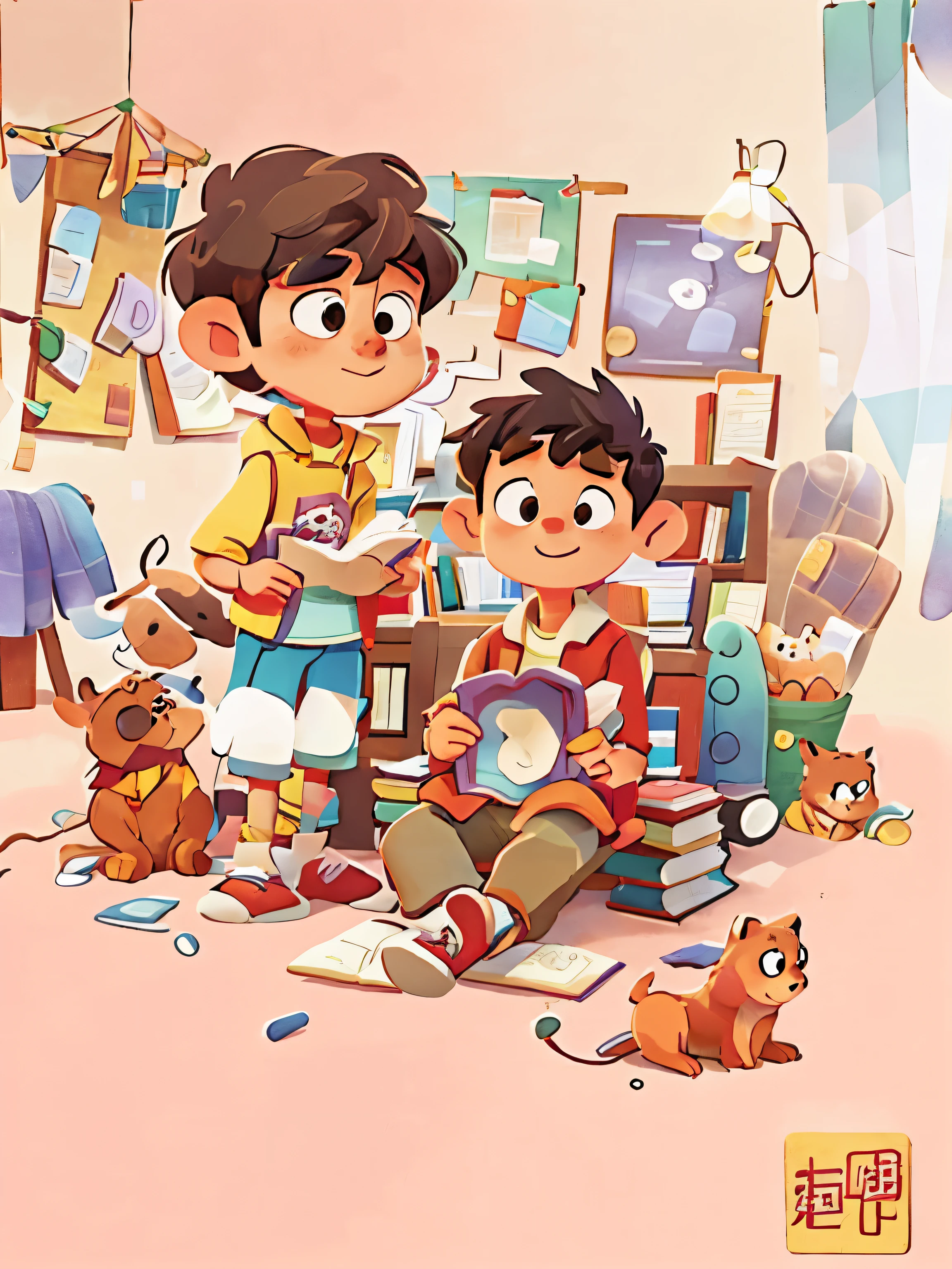 Poster showing a boy reading a book and a dog, read new books, Inspired by Zhang Han, Coloring page,warmth，anime style，Love to read，Hayao Miyazaki
