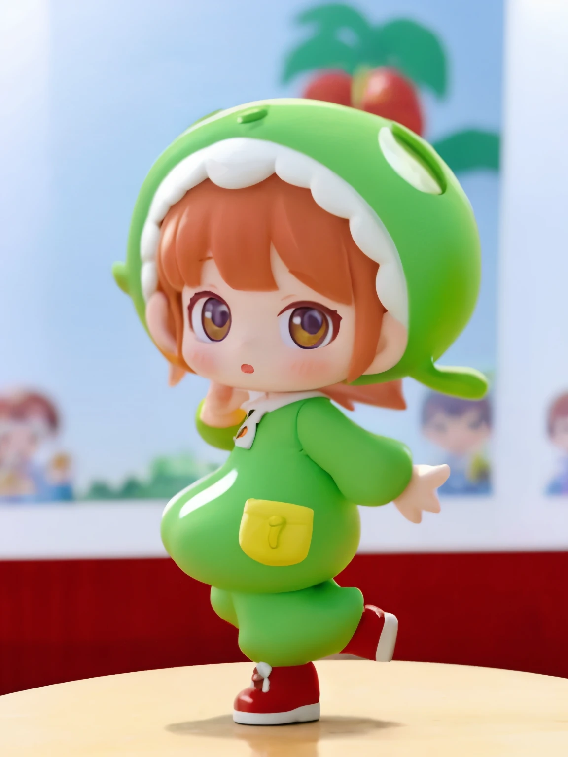 blindbox、Chibi girl acting on stage、wearing a cute fruit costume、action、jump、Take a photo from the side