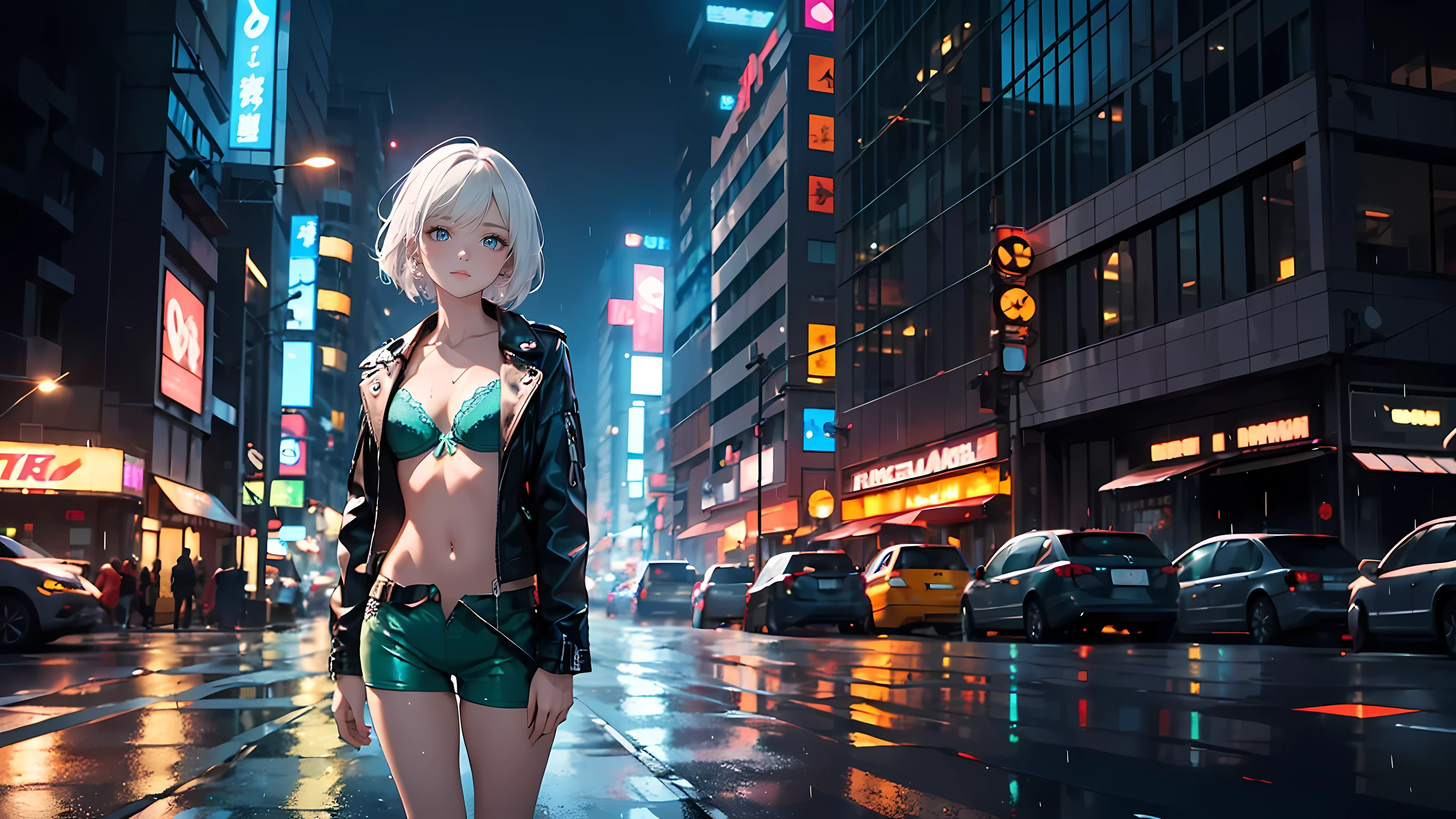 ((1girl)), one beautiful girl, detailed beautiful hair, detailed beautiful eyes, short white hair, small breasts, loose unzipped leather jacket, green bra, tight green shorts, standing on sidewalk, evening, nighttime, night, city lights, big city, cyberpunk city, rain, soaking wet, standing, cowboy shot, cinematic lighting, dramatic lighting,