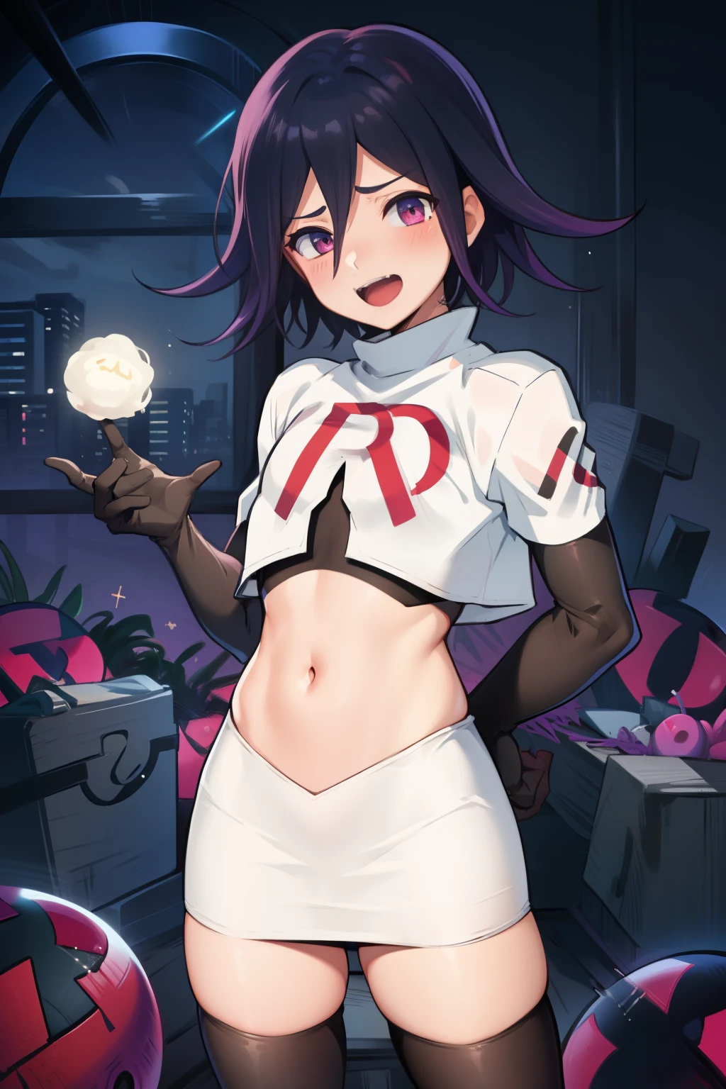 absurdres, cowboy shot, solo, male focus, trap, 1boy, crossdressing,1boy, oma kokichi, team rocket,team rocket uniform,white skirt,red letter R,crop top,black thigh-highs,black elbow gloves, evil laugh, blush