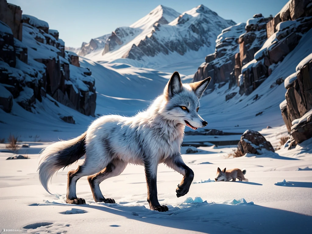 A family of Arctic foxes hides from their enemies in the vast frozen landscape. The snowy terrain stretches out in every direction, creating a picturesque backdrop for the scene. The foxes, with their fluffy white fur and bushy tails, blend seamlessly into the icy environment, using their natural camouflage to evade detection. The mother fox, with her keen eyes and alert expression, watches over her vulnerable pups, keeping them safe from any potential danger. The soft light of the wintery sun casts a gentle glow on the landscape, creating a serene and peaceful atmosphere. The air is crisp and cold, but the foxes' thick fur provides them with the warmth they need to survive in this harsh environment. The Arctic fox family navigates through the snow-covered terrain with a grace and agility that is both mesmerizing and awe-inspiring. Their delicate footprints are visible in the snow, showcasing the intricate details of their paws. As they frolic and play together, their white silhouettes create a beautiful contrast against the pure white snow. This masterpiece scene captures the essence of the Arctic wilderness and the resilience of these magnificent creatures. The high-resolution image showcases every detail, from the shimmering ice crystals to the individual hairs on the foxes' fur. The photo-realistic rendering brings the scene to life, making it feel as though you are standing right there, witnessing this magical moment in person. The color palette is dominated by shades of blue and white, reflecting the icy landscape and creating a sense of tranquility. The lighting, with its soft and diffused quality, enhances the ethereal beauty of the scene, casting gentle shadows on the foxes and the terrain. The prompt paints a vivid picture of the Arctic fox family's plight, showcasing their beauty, resilience, and the harsh beauty of their environment.