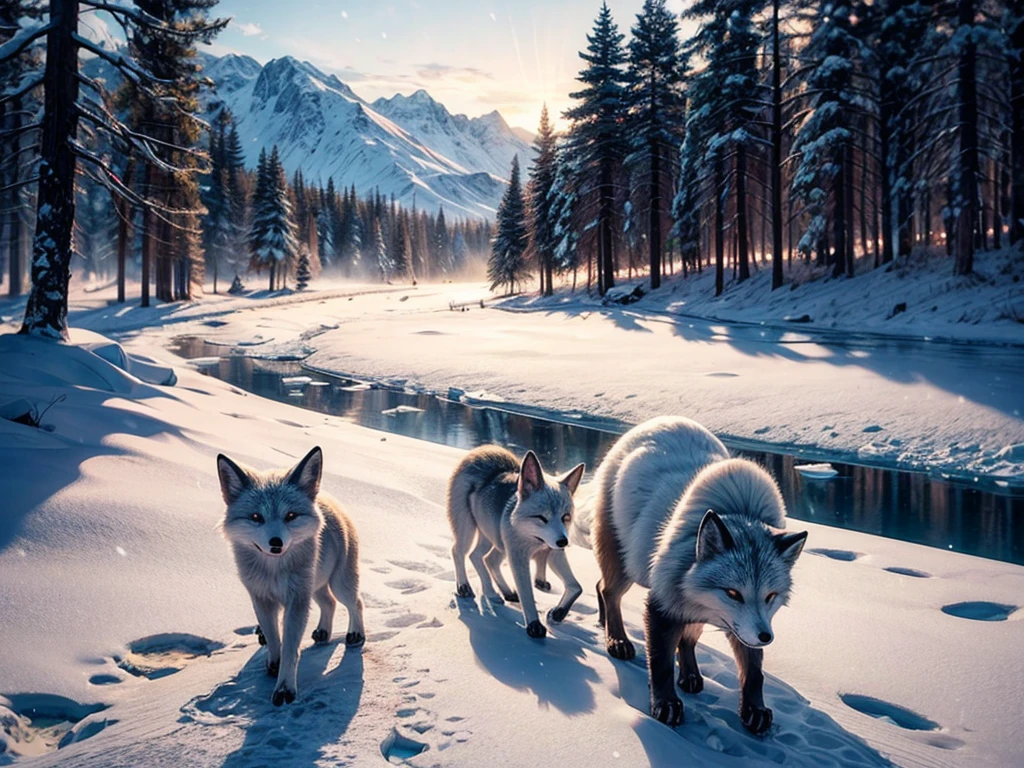 A family of Arctic foxes hides from their enemies in the vast frozen landscape. The snowy terrain stretches out in every direction, creating a picturesque backdrop for the scene. The foxes, with their fluffy white fur and bushy tails, blend seamlessly into the icy environment, using their natural camouflage to evade detection. The mother fox, with her keen eyes and alert expression, watches over her vulnerable pups, keeping them safe from any potential danger. The soft light of the wintery sun casts a gentle glow on the landscape, creating a serene and peaceful atmosphere. The air is crisp and cold, but the foxes' thick fur provides them with the warmth they need to survive in this harsh environment. The Arctic fox family navigates through the snow-covered terrain with a grace and agility that is both mesmerizing and awe-inspiring. Their delicate footprints are visible in the snow, showcasing the intricate details of their paws. As they frolic and play together, their white silhouettes create a beautiful contrast against the pure white snow. This masterpiece scene captures the essence of the Arctic wilderness and the resilience of these magnificent creatures. The high-resolution image showcases every detail, from the shimmering ice crystals to the individual hairs on the foxes' fur. The photo-realistic rendering brings the scene to life, making it feel as though you are standing right there, witnessing this magical moment in person. The color palette is dominated by shades of blue and white, reflecting the icy landscape and creating a sense of tranquility. The lighting, with its soft and diffused quality, enhances the ethereal beauty of the scene, casting gentle shadows on the foxes and the terrain. The prompt paints a vivid picture of the Arctic fox family's plight, showcasing their beauty, resilience, and the harsh beauty of their environment.