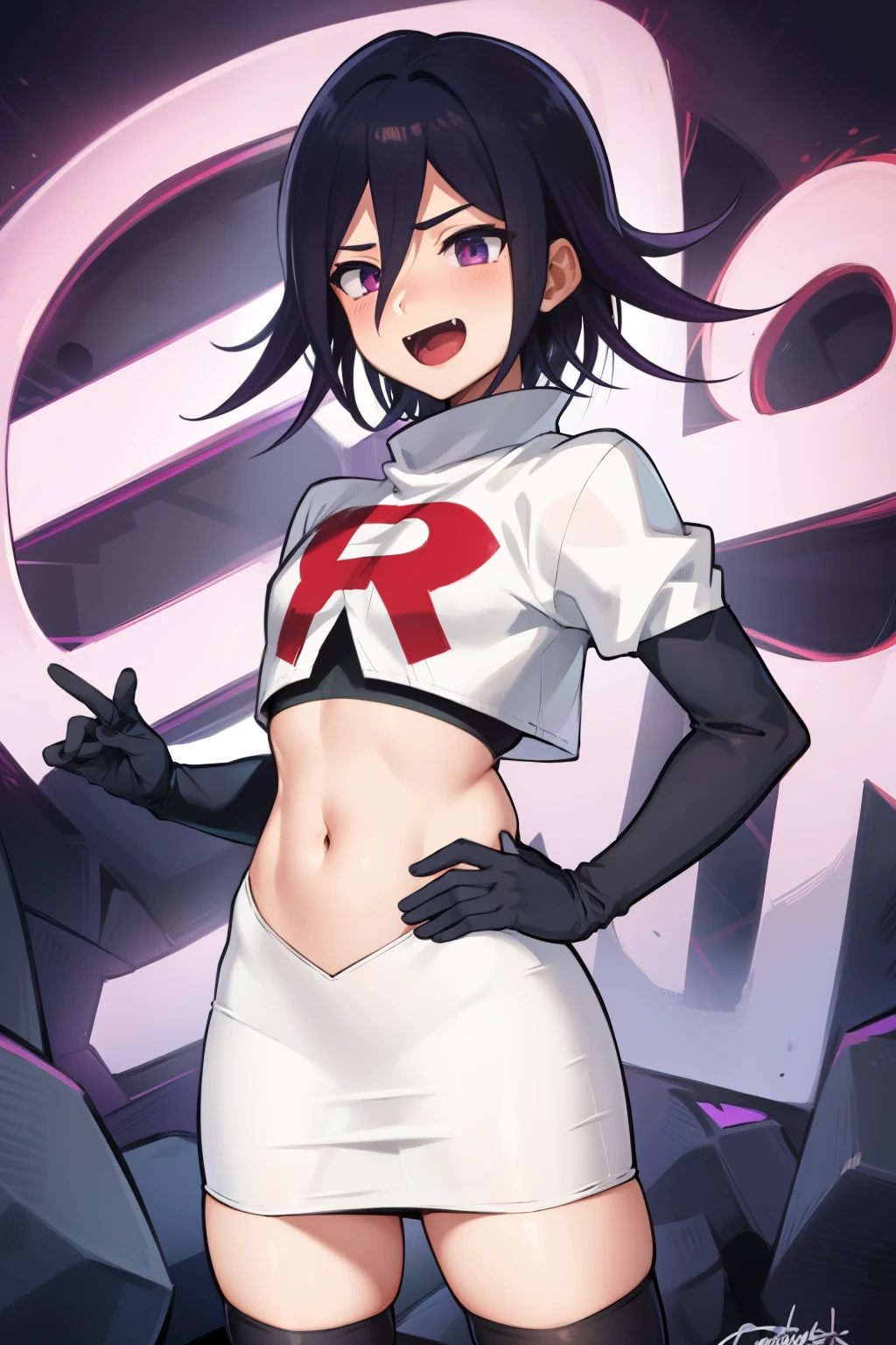 absurdres, cowboy shot, solo, male focus, trap, 1boy, crossdressing,1boy, oma kokichi, team rocket,team rocket uniform,white skirt,red letter R,crop top,black thigh-highs,black elbow gloves, evil laugh, blush