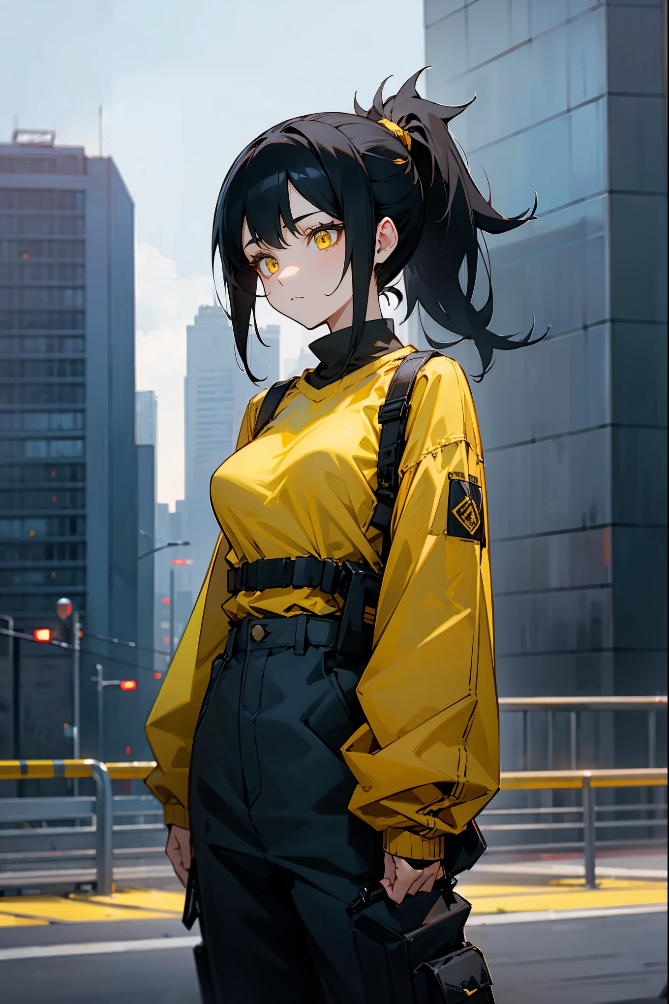 1female, black hair, yellow eyes, ponytail, (baggy modern clothing), medium breasts, (city background), expressionless, day time