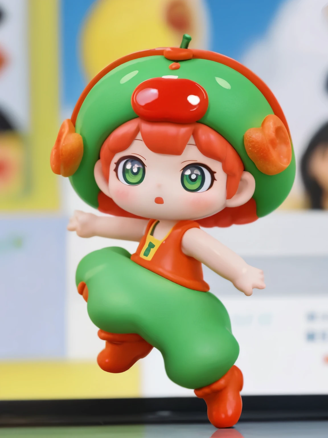 blindbox、Chibi girl acting on stage、wearing a cute fruit costume、action、jump、Take a photo from the side