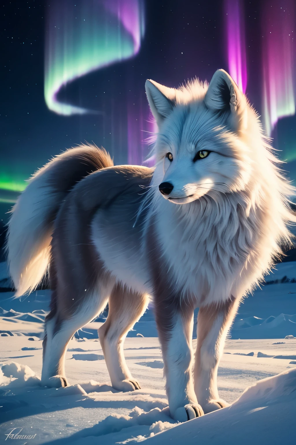 best quality, 32k, RAW photo, incredibly absurdres, extremely detailed, delicate texture, dignified and cute iridescent long-haired arctic fox divine beast, fantastic, mysterious, background rainbow-colored aurora, snow field, midnight sun