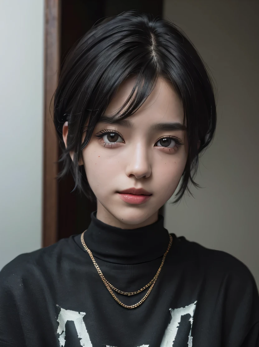 ((masterpiece、highest quality、Super detailed、High resolution、realistic、sharp focus、cinematic lighting))、(1 girl)、bust shot、(black hair、boyish short hair、high top fade、all back)、beautiful face、beautiful hairstyle、symmetrical eyes、beautiful eyes、beautiful skin、smile、attractive appearance、fold your arms、punkロックファッション、view audience、punk