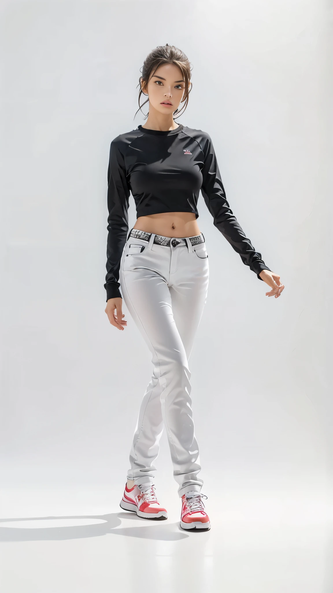 16K, Masterpiece, photorealism, A girl walks to her full height, a girl with dark long hair, a girl dressed in a white top, light jeans, white sneakers, white background,