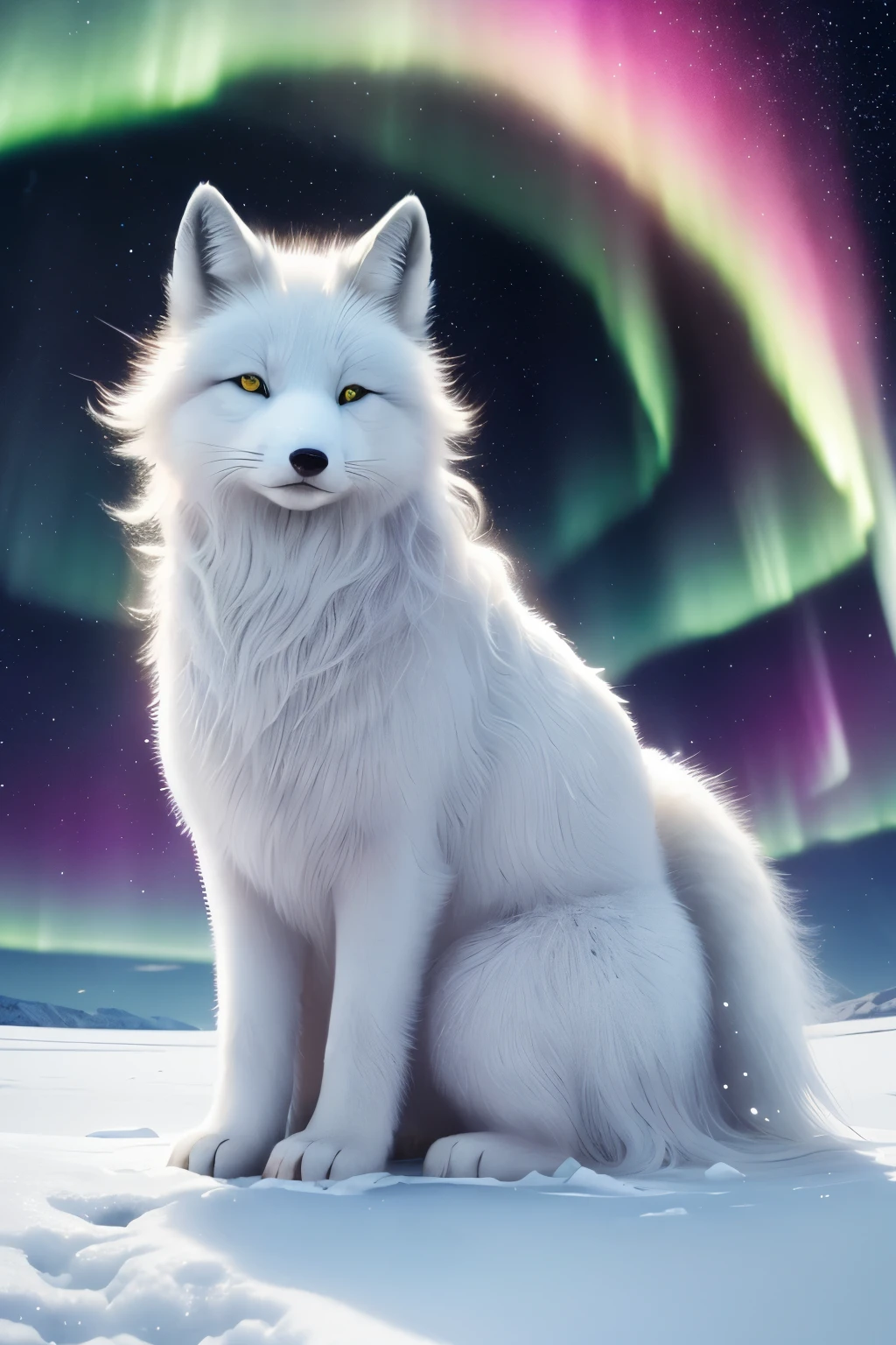 best quality, 32k, RAW photo, incredibly absurdres, extremely detailed, delicate texture, dignified and cute iridescent long-haired arctic fox divine beast, fantastic, mysterious, background rainbow-colored aurora, snow field, midnight sun