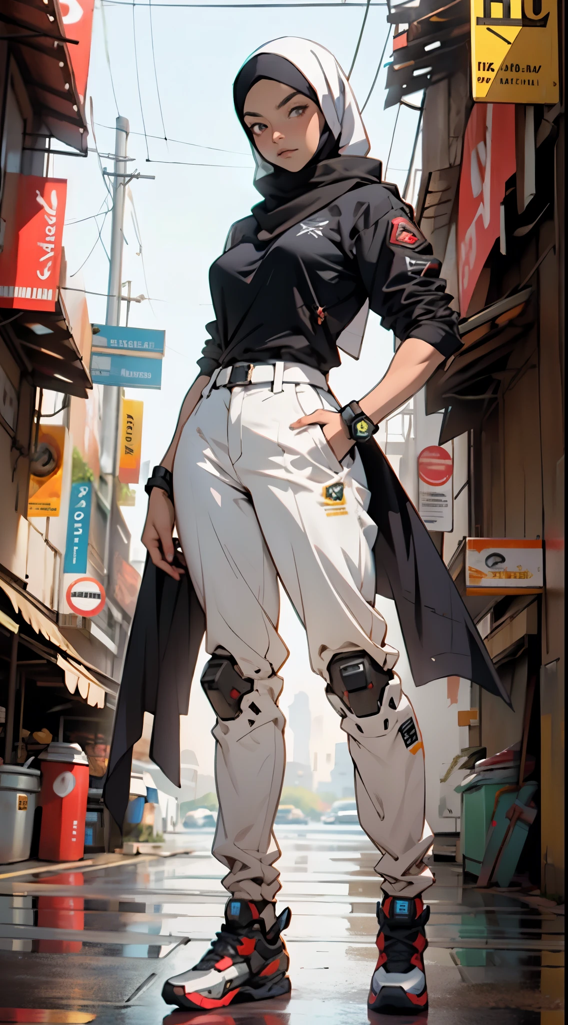 (obra de arte, maximum quality, melhor qualidade, arte oficial, beautiful and aesthetic) fazendo uma pose de heroica e dinamica, Estilo valorant, estilo riot games, She is wearing hijab and her hair is covered, ((hijab)) ((Muslim woman)) ela esta vestindo roupas taticas cyberpunk futuristicas com alguns partes roboticas que cobrem todo o seu corpo, ((fullbody illustration)), Behind her a fluid red and white power is manipulated, extremamente detalhado, colorida, mais detalhado, encarna uma oficial militar futurista finamente trabalhado em estilo anime, Characterized by an exquisite and mature manga illustration art style, High definition, melhor qualidade, high resolution, ultra-detalhado, Pintura ultrafina, extremamente delicado, profissional, anatomicamente correto, symmetrical face, olhos e rosto extremamente detalhados, olhos de alta qualidade, criatividade, Foto CRU, Ultra HD, 8K, luz natural, Cinematic lighting, obra de arte:1.5