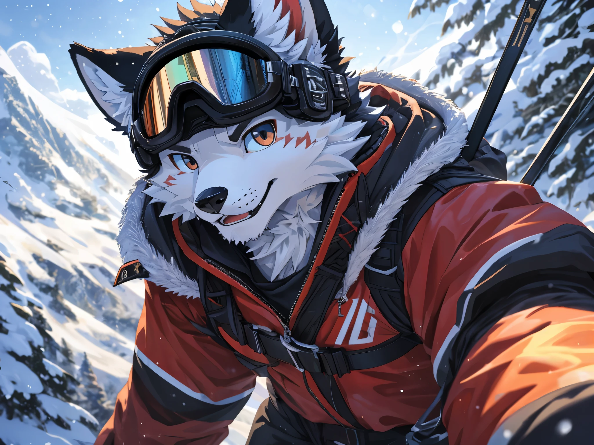 Anthro((dramatic))epic, dynamic pose, One scene of movie, An extreme perspective with a powerful composition, absurdres, Perfect Anatomy, magnificent picture of kemono fighting fierce battles, (ultra detailed), sharp focus, niji, eyesgod, black eye, furry, (white fur:1.5), anthro (artic fox), male, -agedil, ski outfit, ski goggles, white fluffy winter jacket, ultra detailed face, depth of field, motion blur, high details, high quality, award winning, HD, 16k, (best quality,4k,8k,highres,masterpiece:1.2),ultra-detailed,realistic:1.37,HDR,UHD,studio lighting,extreme detail description,professional,vivid colors,bokeh,lively atmosphere, natural lighting, smile, at the Snowy places (close up:1.5), looking at viewer, (ski:1.4), (solo:1.2)