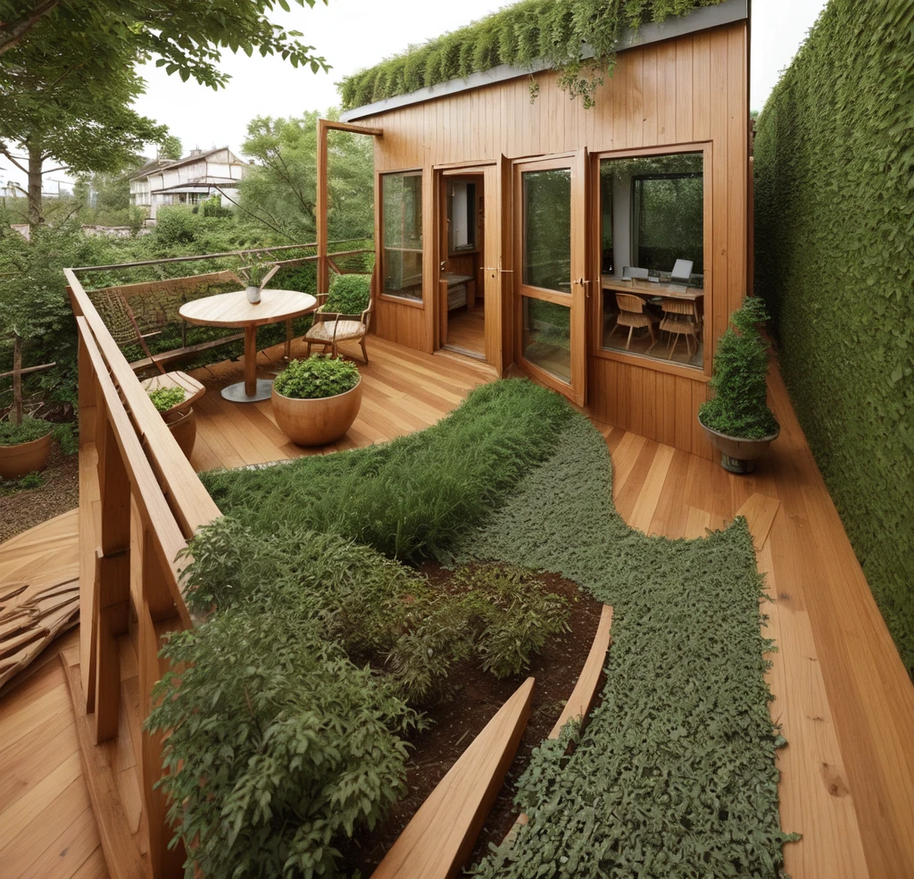 A modern terrace, wood floor, house with wood pattern, stylish windows, add small vegetation, ultra detailed 