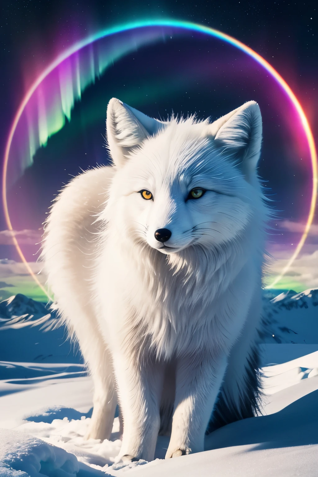 best quality, 32k, RAW photo, incredibly absurdres, extremely detailed, delicate texture, dignified and cute iridescent long-haired arctic fox divine beast, fantastic, mysterious, background rainbow-colored aurora, snow field, midnight sun
