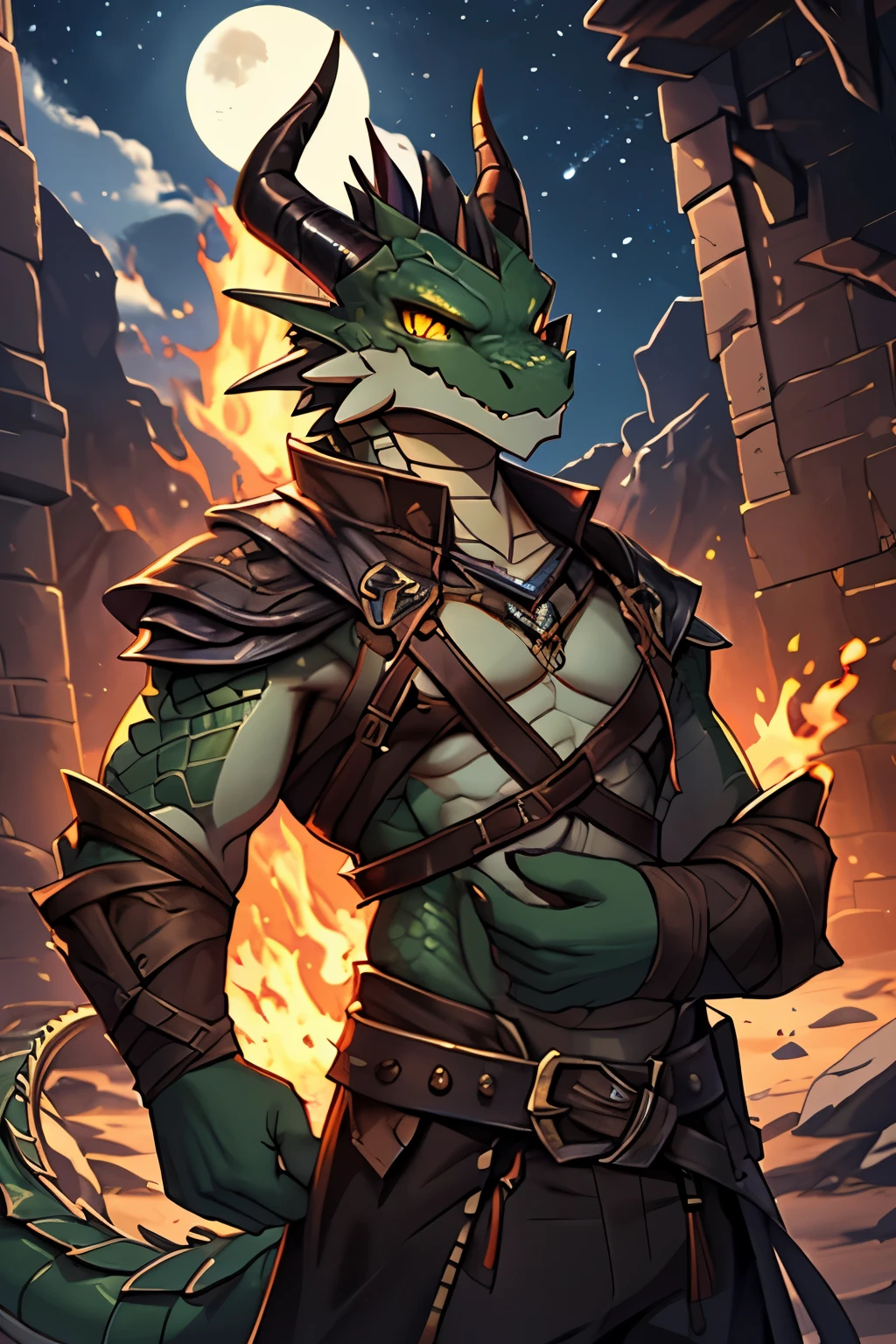 (4k,8k,best quality, masterpiece:1.2), dragon face, dragon eyes, ((cowboy shot)), realistic colors, studio lightning, ((bald, green scales, yellow eyes, dragon eyes, glowing eyes, dragon ears, dragon scales in his skin, dragon horn, small kobold, three feet size)), kobold male, small mouth, looking at viewer, confident pose, envy, highres, fire mage, night desert, emerald jewel detail, monsters in scenario, leather clothes