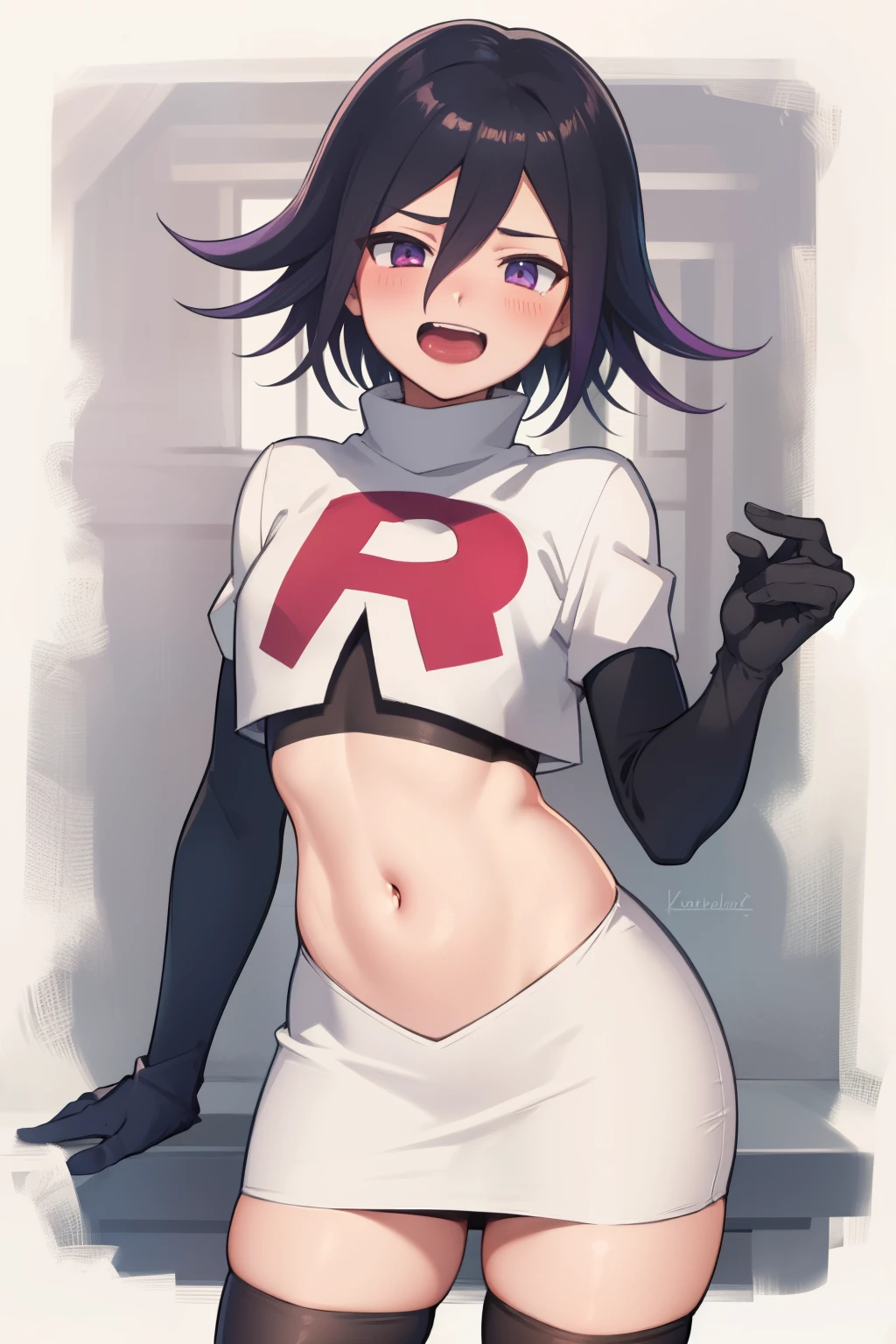 absurdres, cowboy shot, solo, male focus, trap, 1boy, crossdressing,1boy, oma kokichi, team rocket,team rocket uniform,white skirt,red letter R,crop top,black thigh-highs,black elbow gloves, evil laugh, blush
